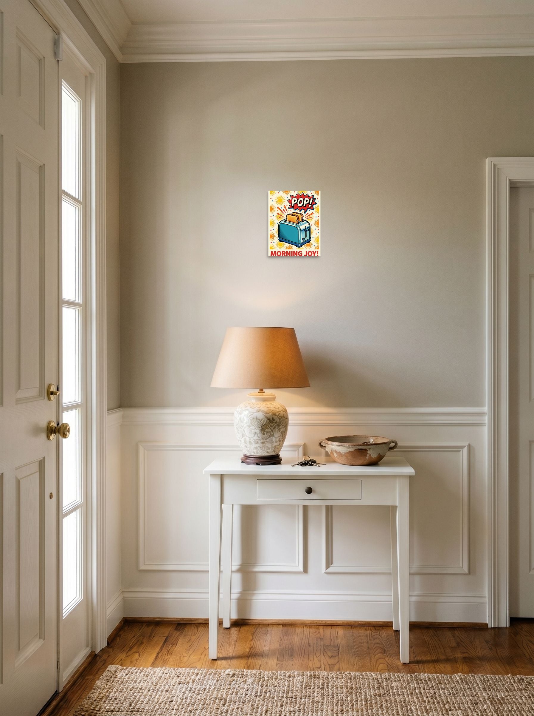 A 8x10 inch unframed paper Pop art print of 'Morning Joy Toaster' hanging in an entryway near a console.