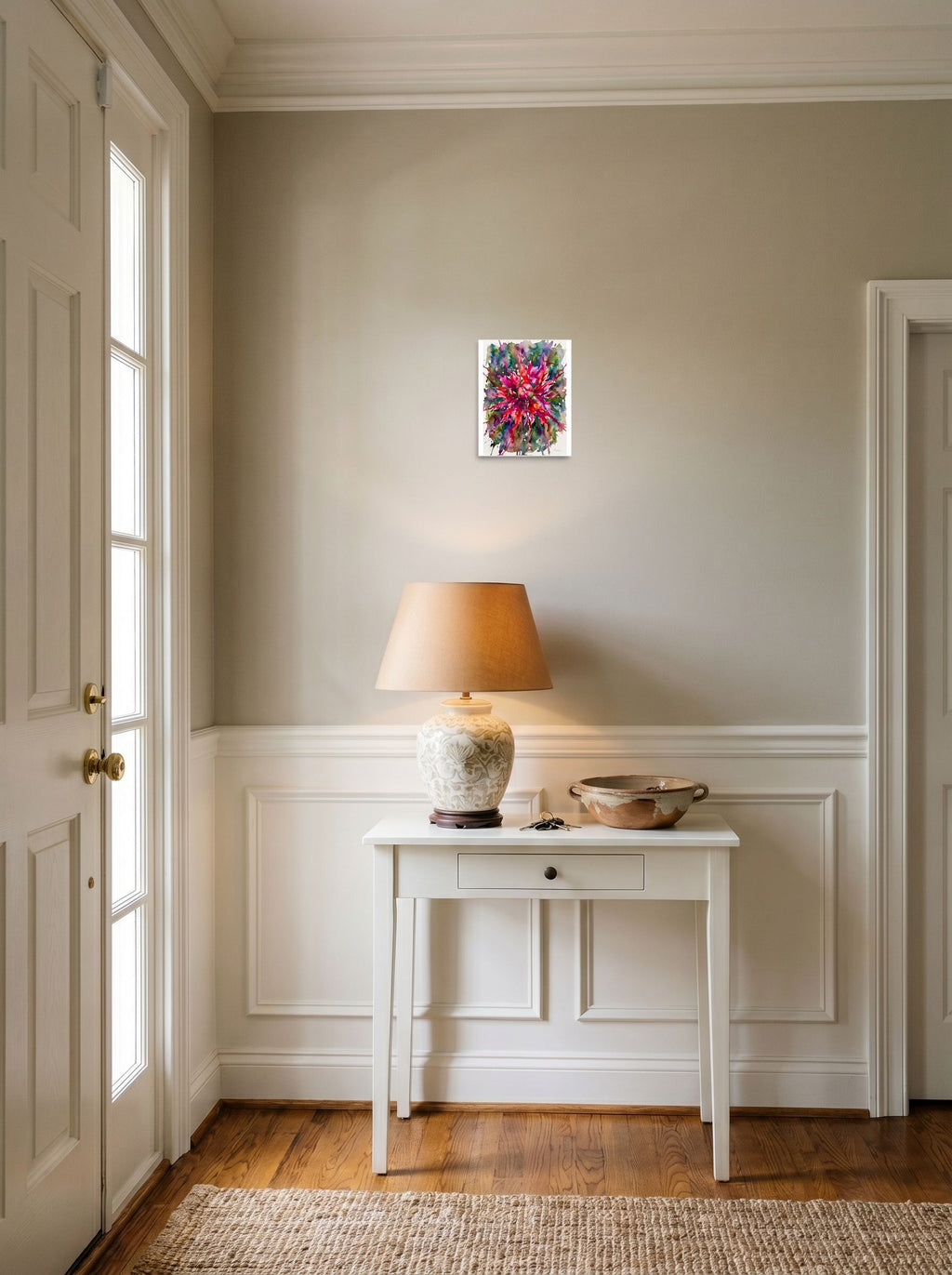 Mockup of 'Botanical Burst' as a 8x10 inch unframed paper print, styled above a console table in an entryway.