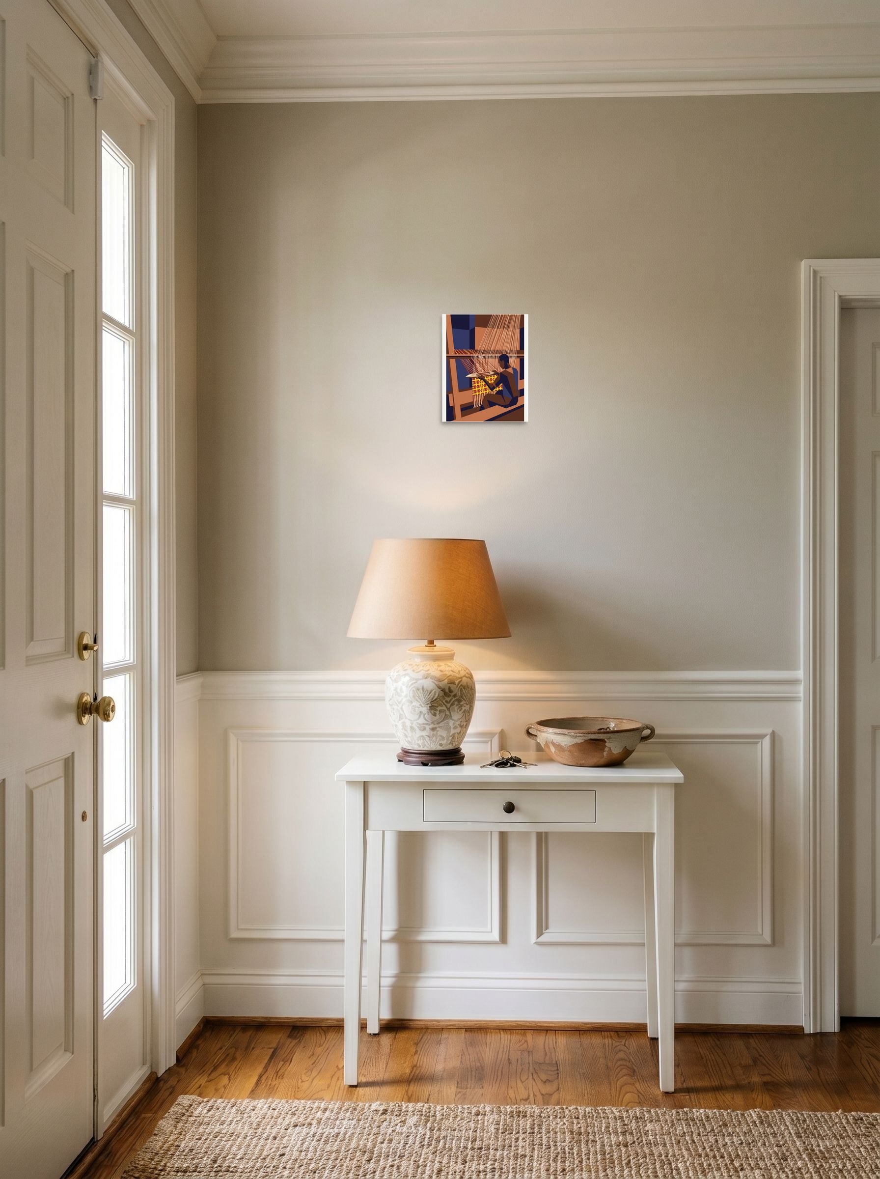 'The Kente Weaver', a Modernism print set against a bright entryway wall. Shown as unframed paper, 8x10 inch.