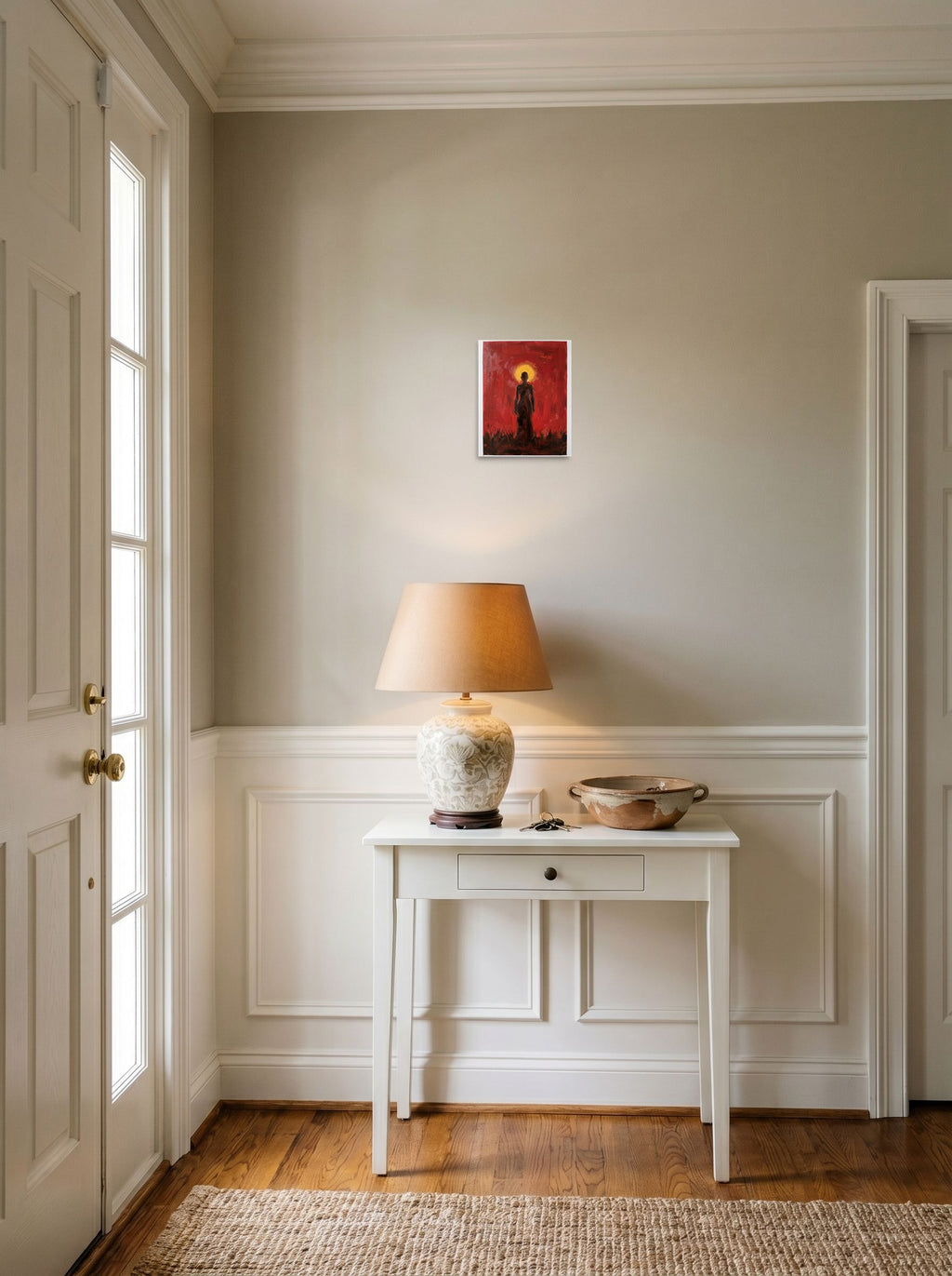 A 8x10 inch unframed paper Expressionism print of 'Crimson Halo' hanging in an entryway near a console.