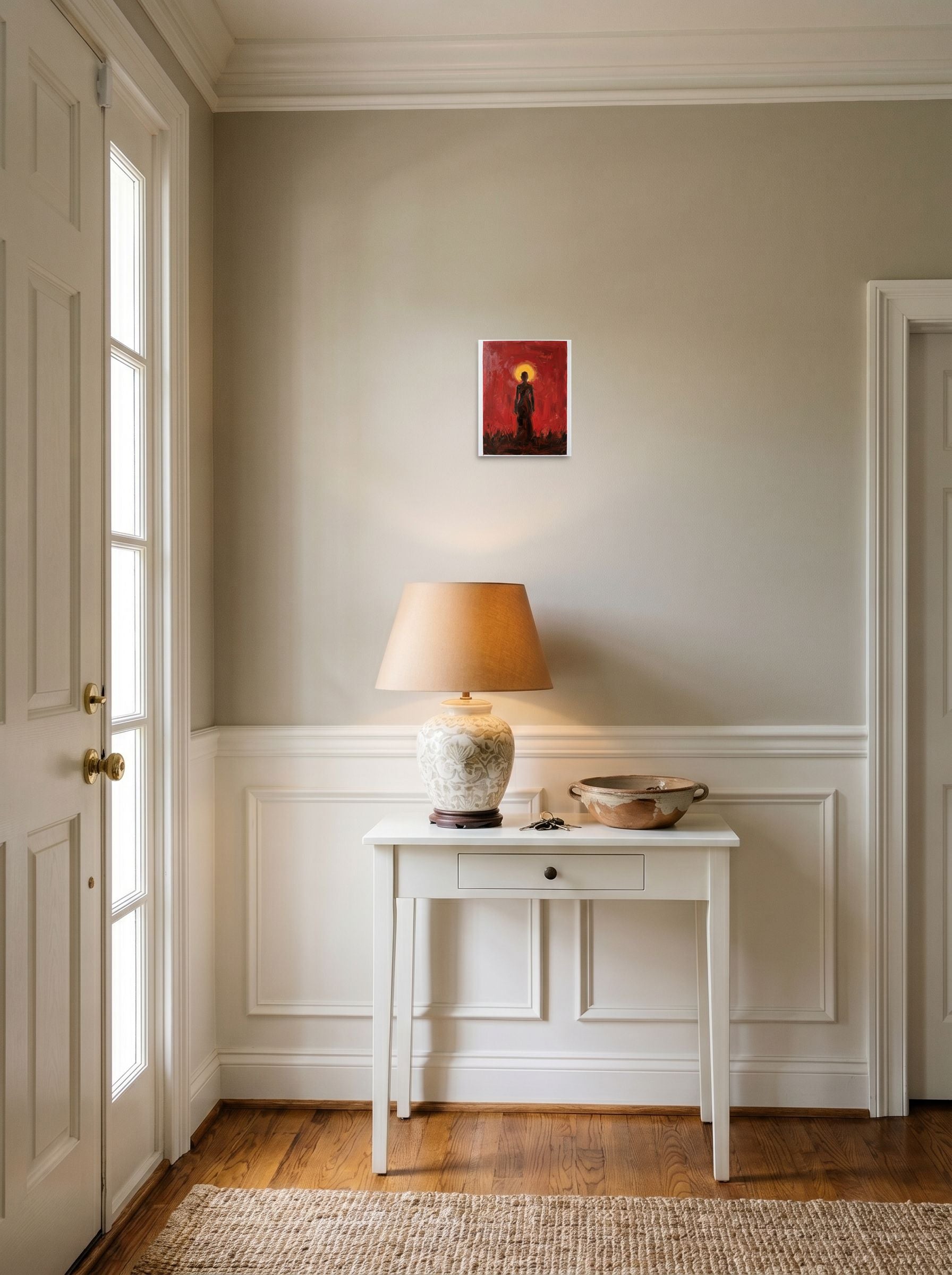 A 8x10 inch unframed paper Expressionism print of 'Crimson Halo' hanging in an entryway near a console.