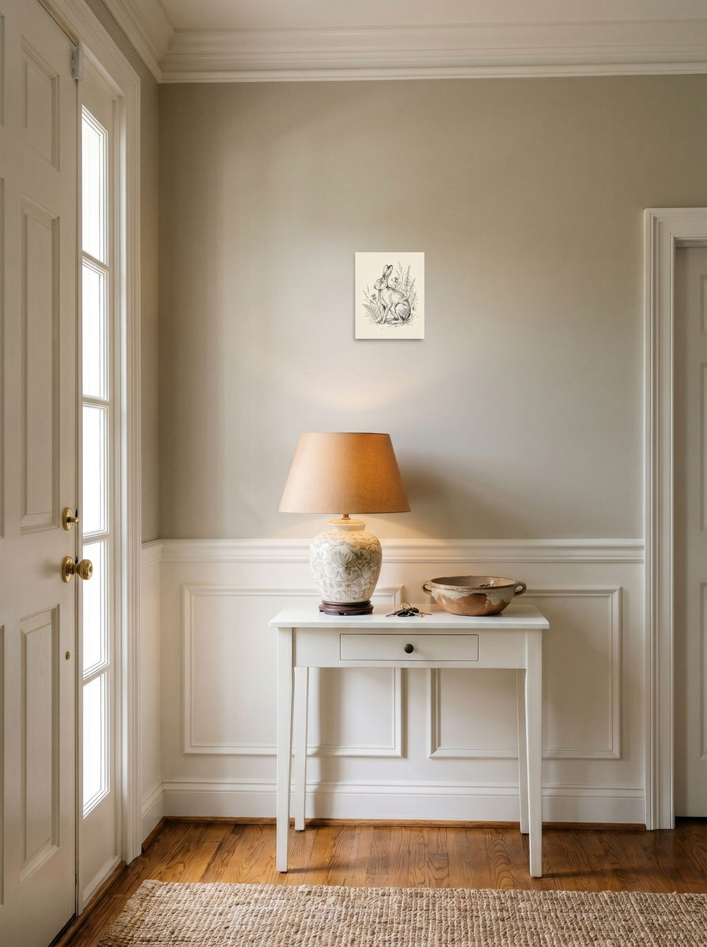 A 8x10 inch unframed paper Realism print of 'Hare in the Thistles Sketch' hanging in an entryway near a console.