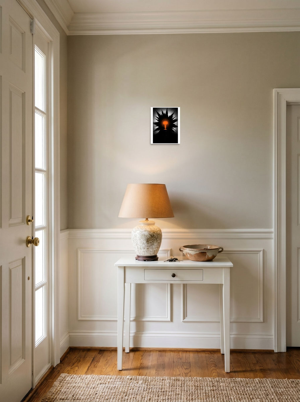 A 8x10 inch unframed paper version of 'Spark of Innovation', Pop art wall art, set against a bright entryway wall.