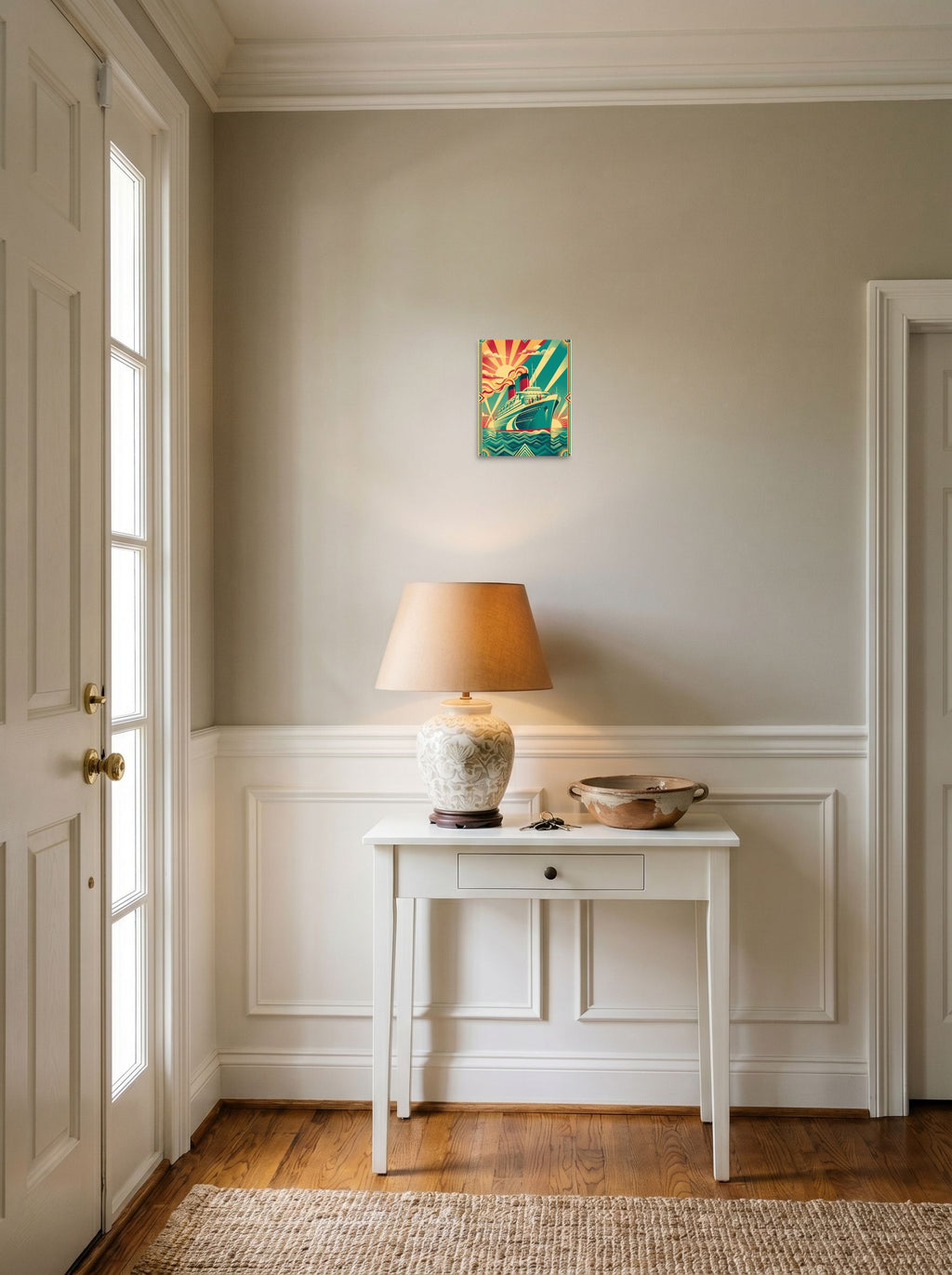 A 8x10 inch unframed paper Art Deco print of 'Voyage of the Sunburst' hanging in an entryway near a console.