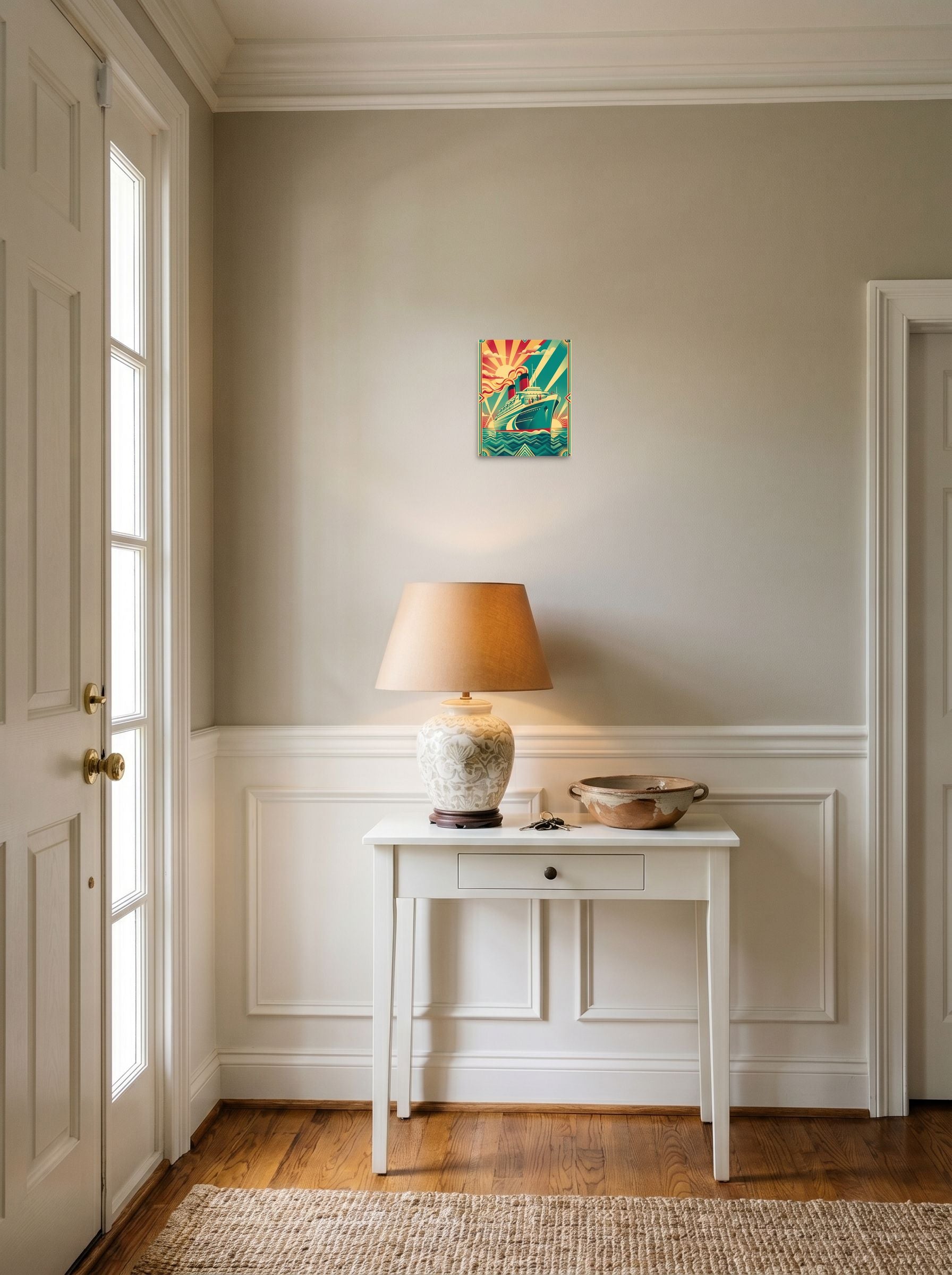 A 8x10 inch unframed paper Art Deco print of 'Voyage of the Sunburst' hanging in an entryway near a console.