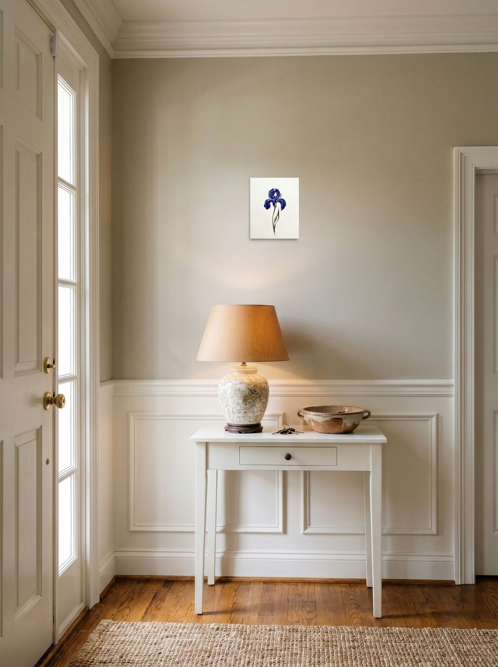 A 8x10 inch unframed paper Minimalism,Impressionism print of 'Violet Impressions' hanging in an entryway near a console.
