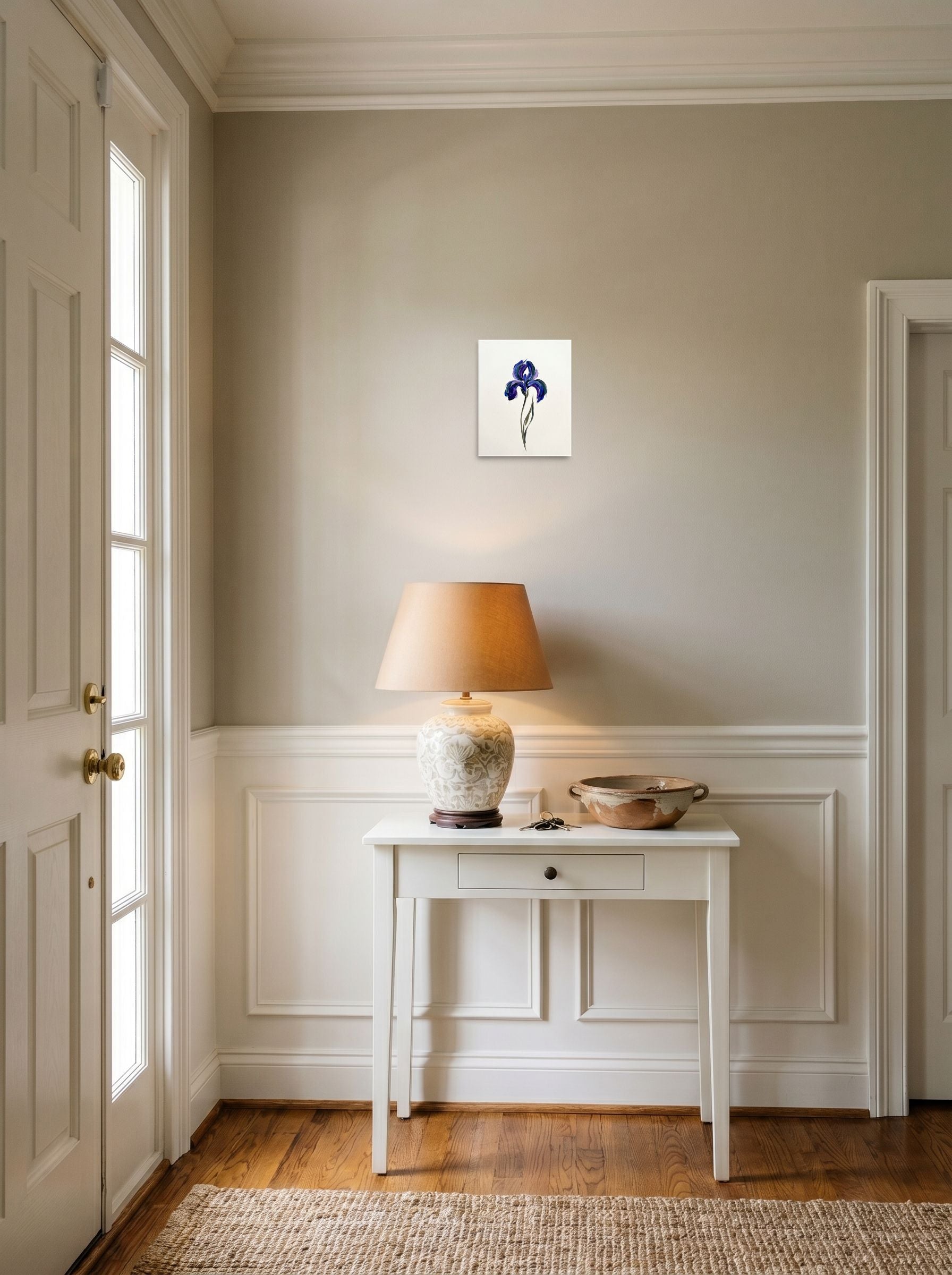 A 8x10 inch unframed paper Minimalism,Impressionism print of 'Violet Impressions' hanging in an entryway near a console.
