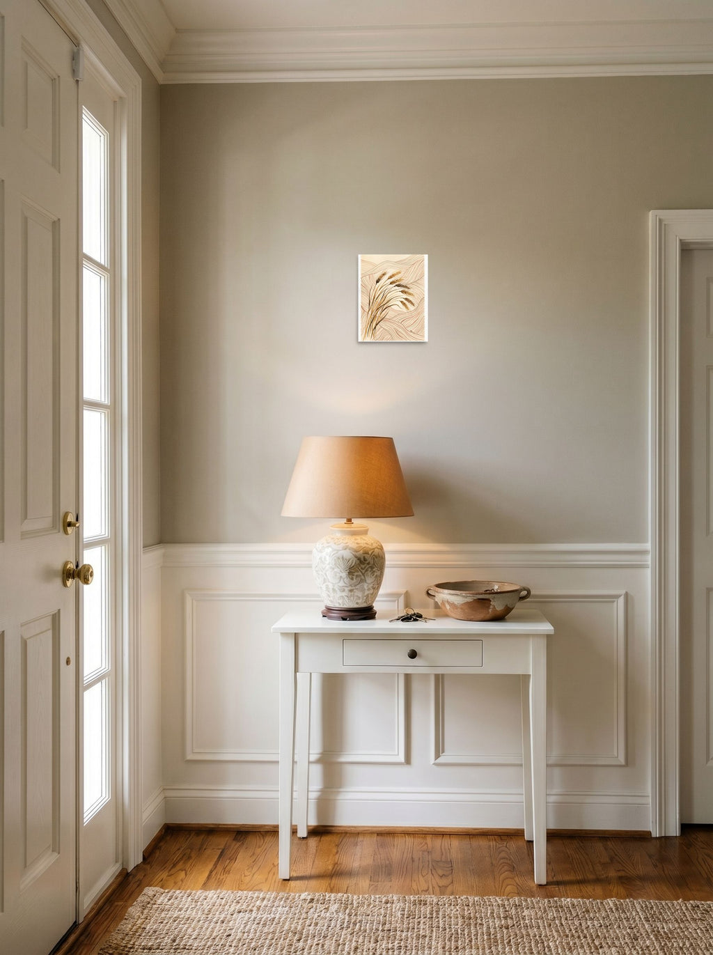 8x10 inch unframed paper print of 'Golden Harvest Contour', hanging in an entryway near a console.