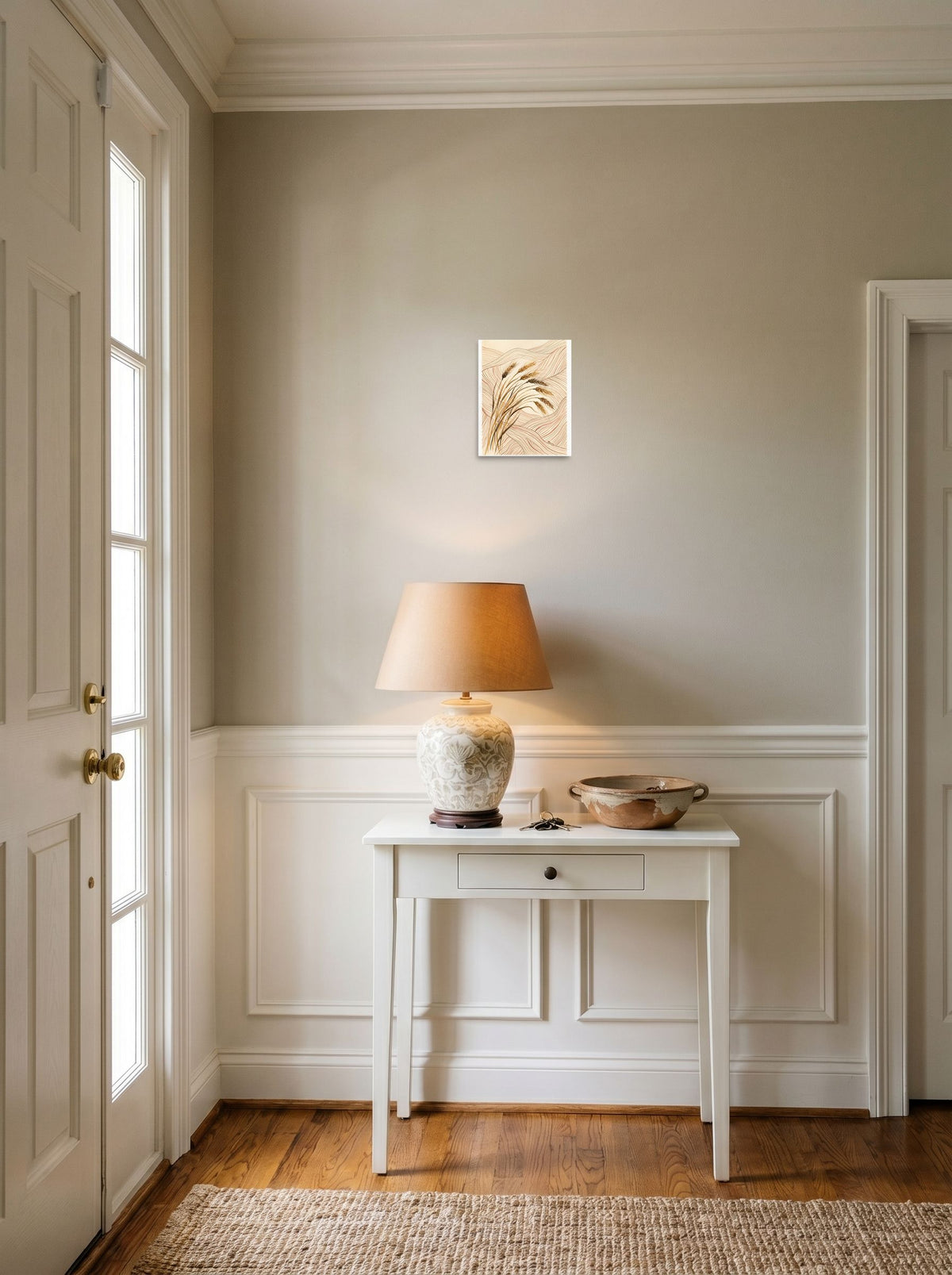 8x10 inch unframed paper print of 'Golden Harvest Contour', hanging in an entryway near a console.