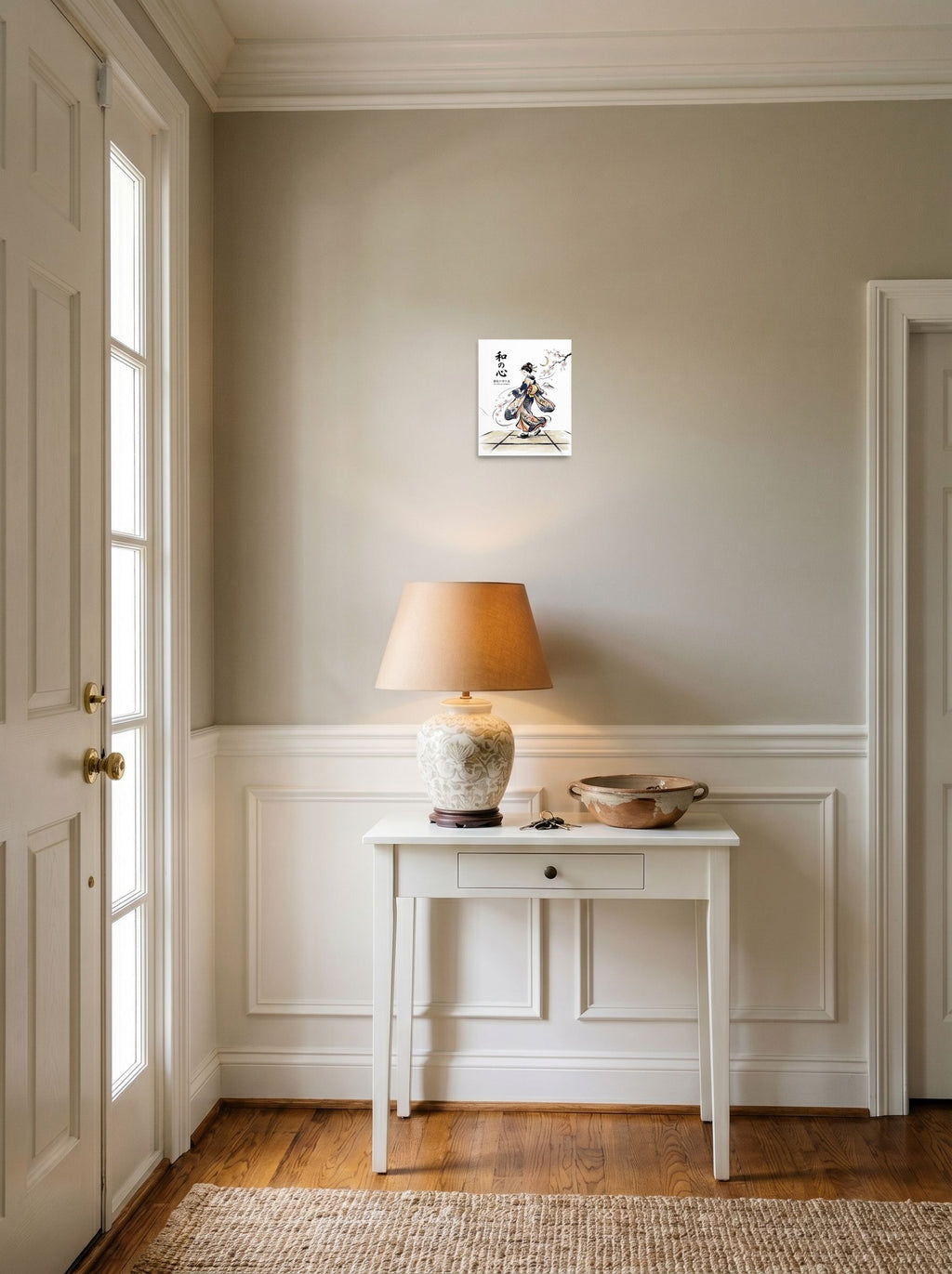 See 'Spirit of Harmony' as a unframed paper print (8x10 inch), hanging in an entryway near a console.