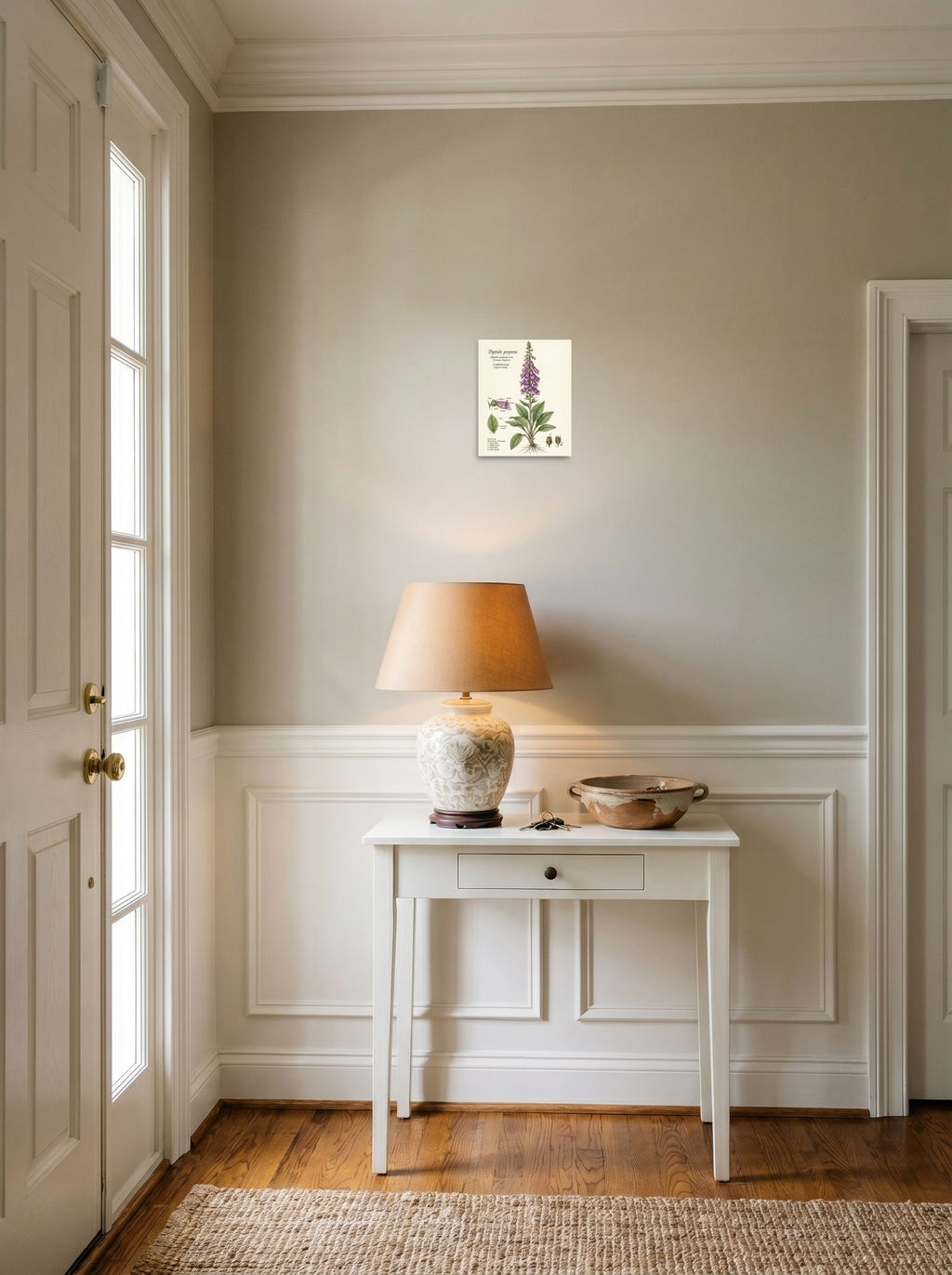 A 8x10 inch unframed paper Academic art,Realism print of 'Common Foxglove Botanical Plate' hanging in an entryway near a console.