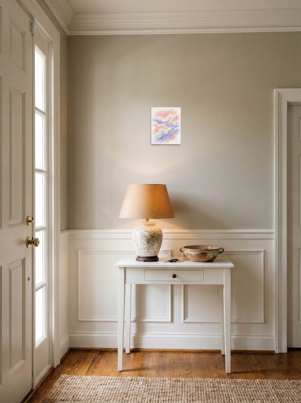 A 8x10 inch unframed paper Abstract art print of 'Pastel Waves' hanging in an entryway near a console.
