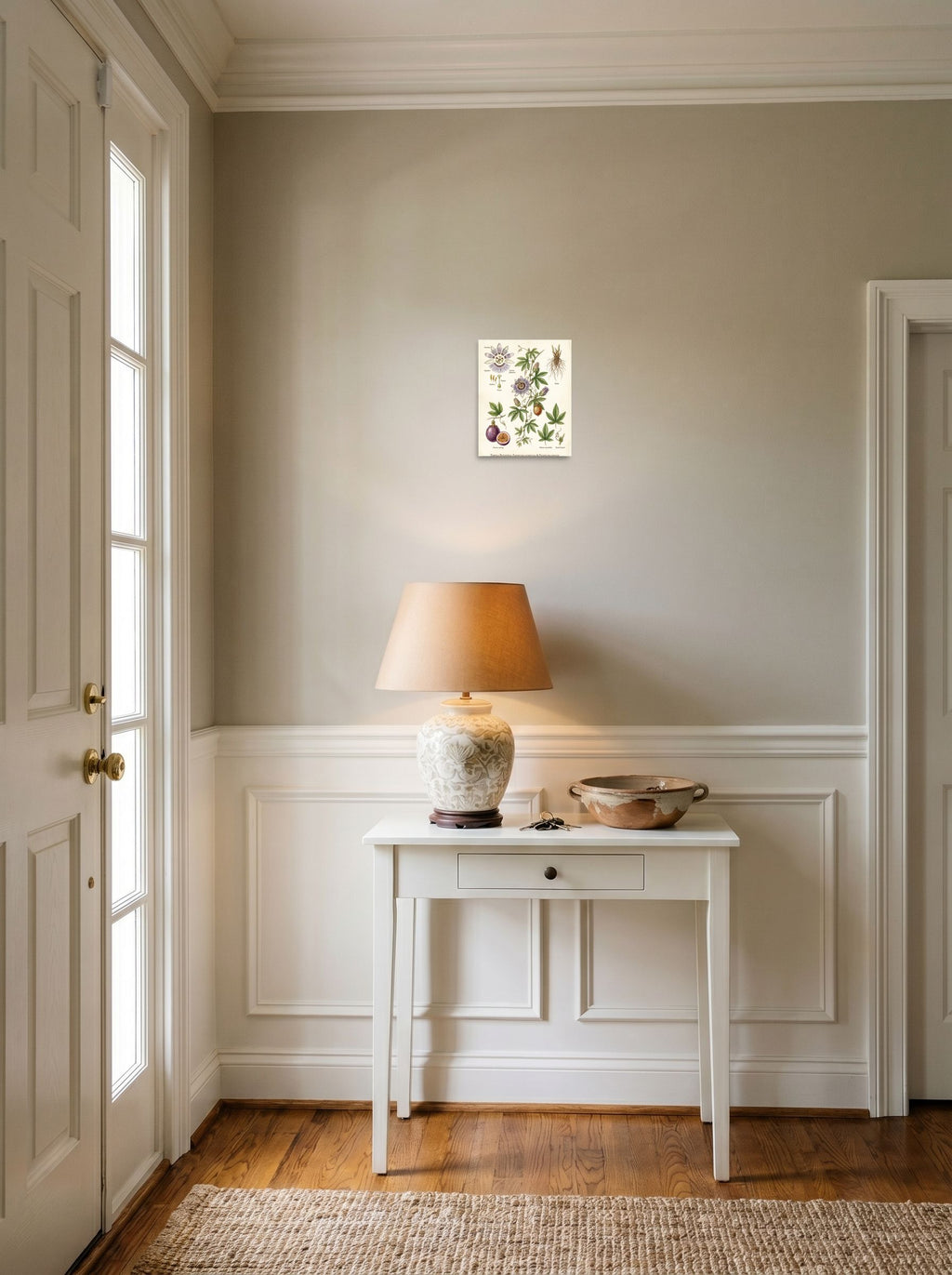A 8x10 inch unframed paper Academic art,Realism print of 'Passiflora Botanical Study' hanging in an entryway near a console.
