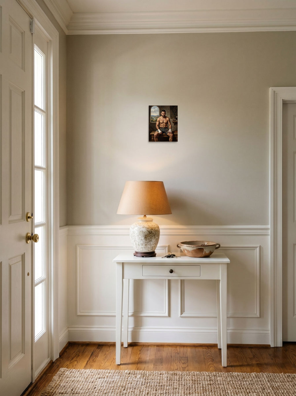 The unframed paper print 'The Renaissance Gladiator' styled above a console table in an entryway, shown at 8x10 inch.