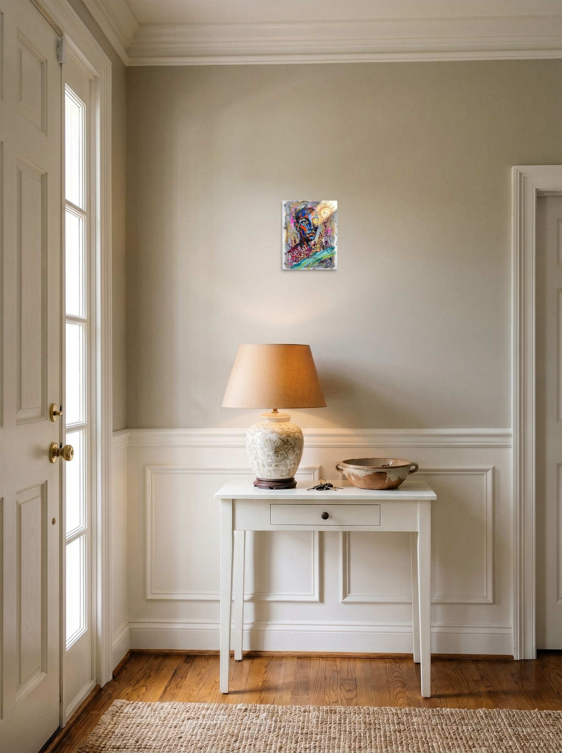 See 'Spark of Consciousness' as a unframed paper print (8x10 inch), set against a bright entryway wall.
