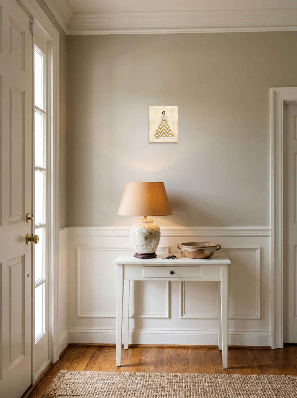 A 8x10 inch unframed paper Art Deco,Surrealism print of 'The Golden Chevron' hanging in an entryway near a console.