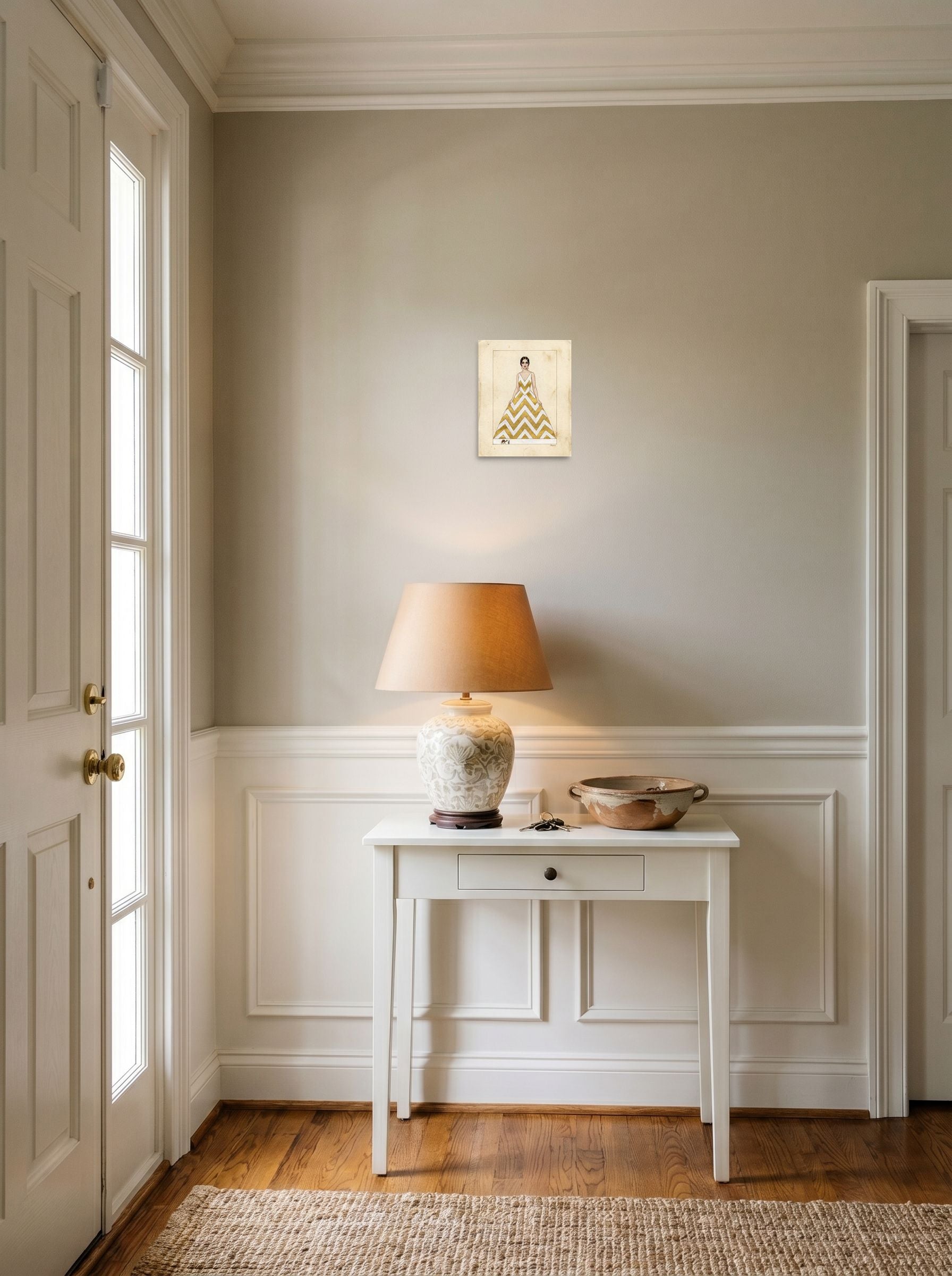 A 8x10 inch unframed paper Art Deco,Surrealism print of 'The Golden Chevron' hanging in an entryway near a console.