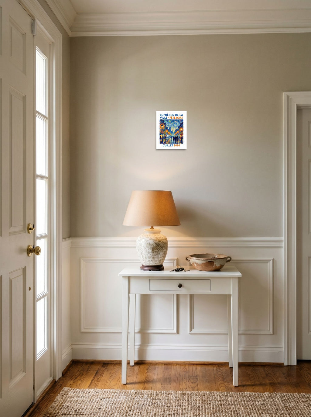 8x10 inch unframed paper print of 'City Lights Art Festival Poster', set against a bright entryway wall.