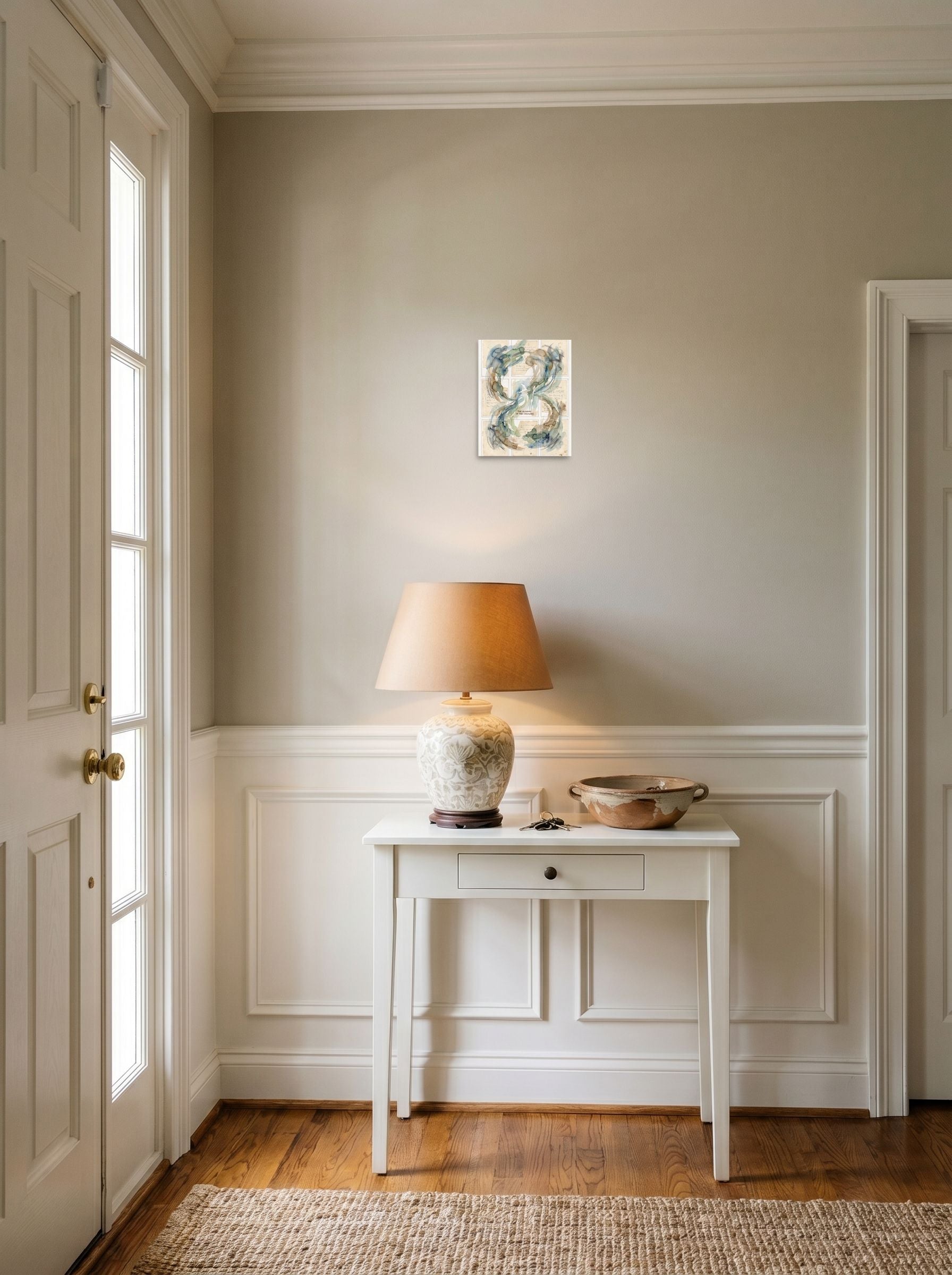 'The Alchemy of the Ordinary' as a unframed paper print, 8x10 inch, hanging in an entryway near a console.