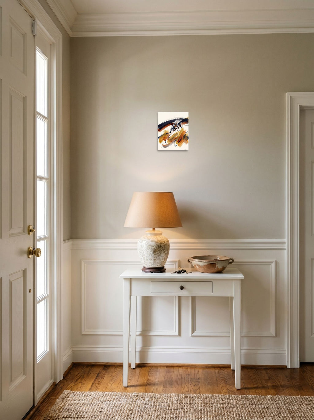 Mockup of 'Sienna Momentum' as a 8x10 inch unframed paper print, set against a bright entryway wall.