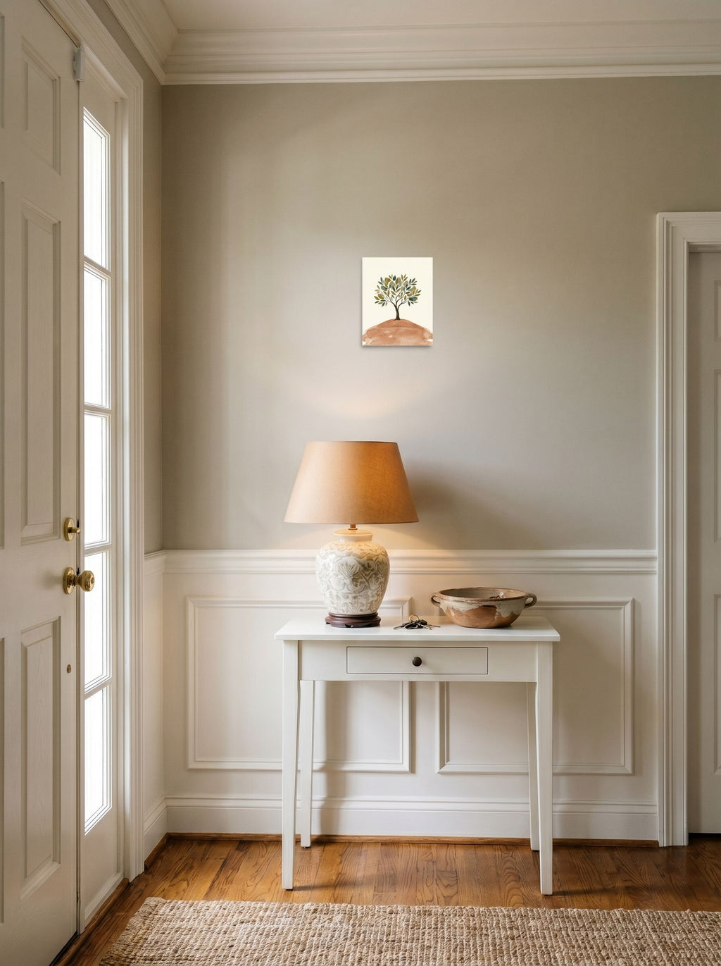 A 8x10 inch unframed paper Minimalism print of 'Solitary Olive Tree' hanging in an entryway near a console.