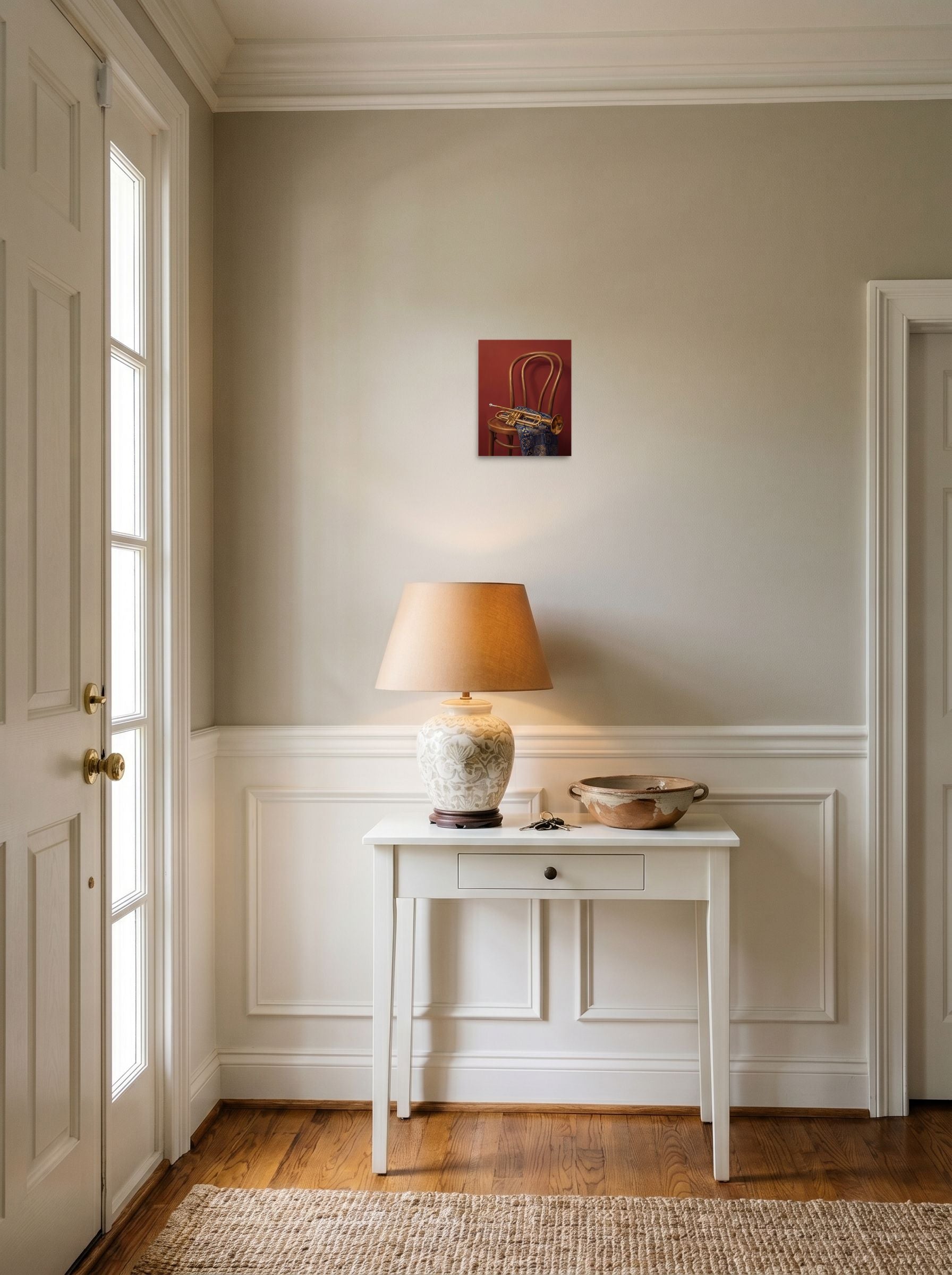 A 8x10 inch unframed paper Realism,Modernism print of 'Brass and Indigo' hanging in an entryway near a console.