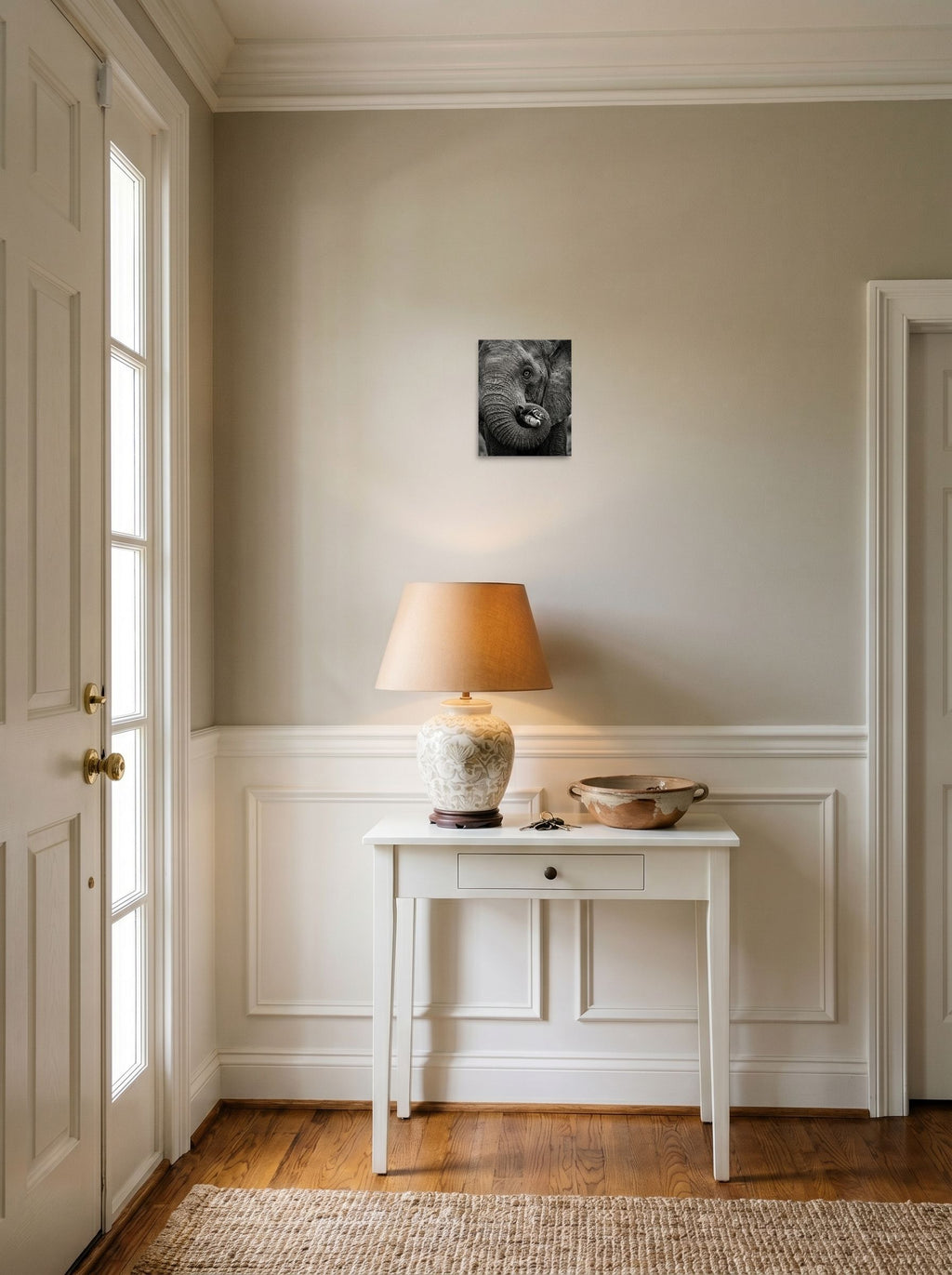 A 8x10 inch unframed paper Art photography print of 'Symbiosis in Monochrome' hanging in an entryway near a console.