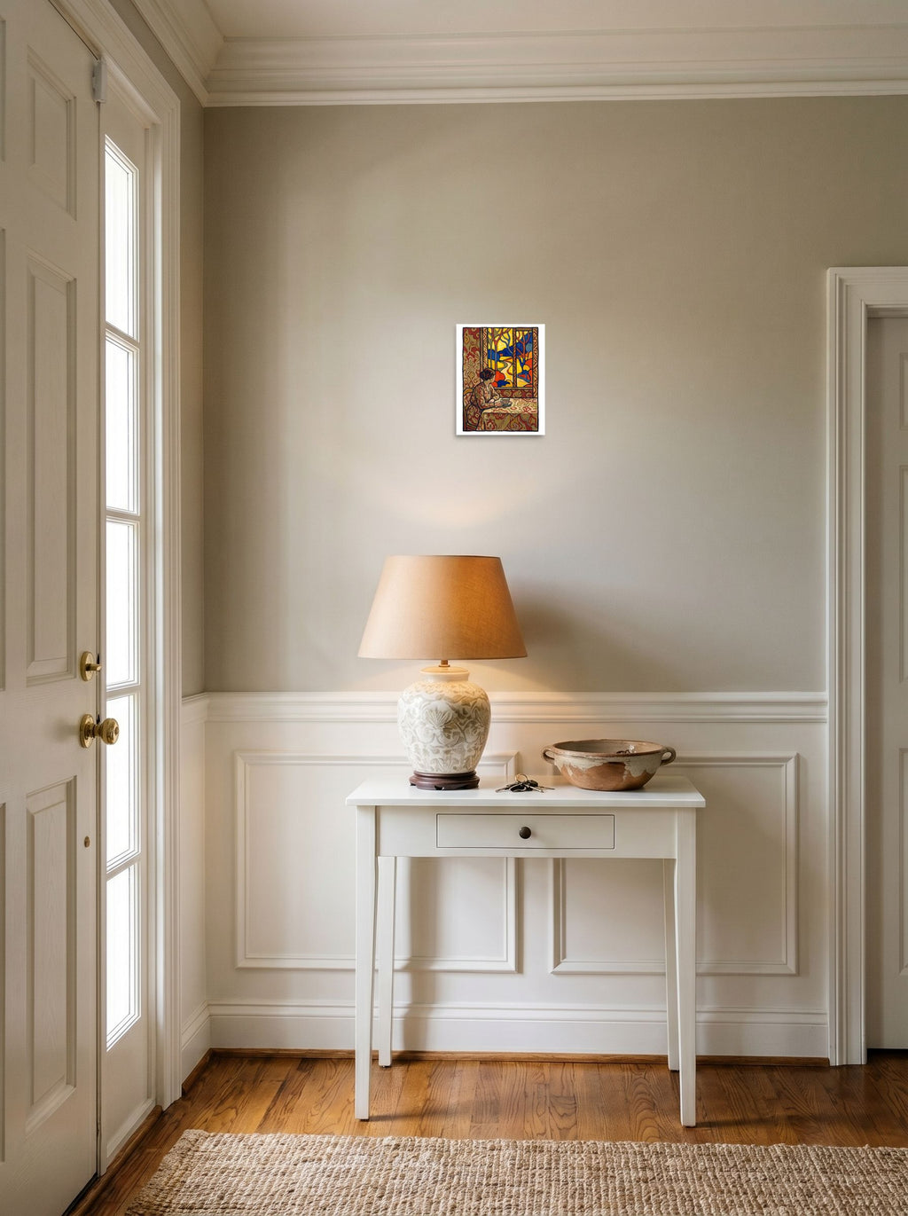 8x10 inch unframed paper print of 'Morning Window', hanging in an entryway near a console.