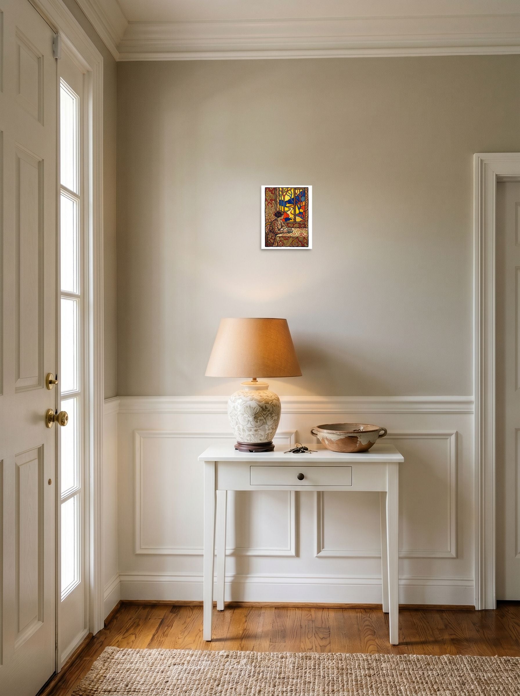 8x10 inch unframed paper print of 'Morning Window', hanging in an entryway near a console.