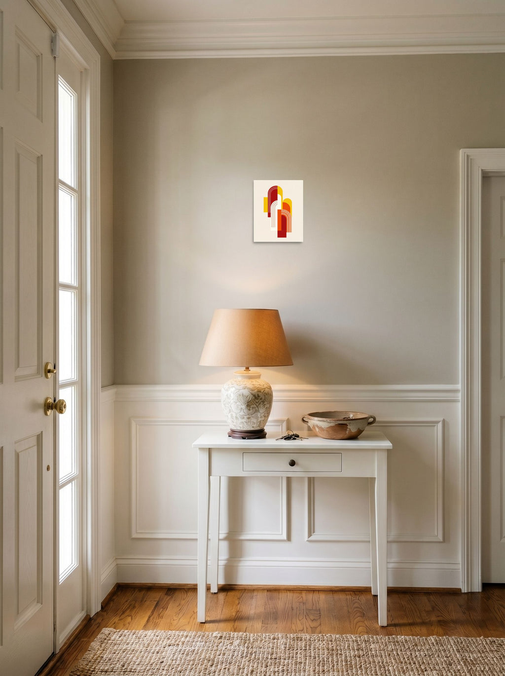 A 8x10 inch unframed paper Geometric abstract art print of 'Sunset Arches' hanging in an entryway near a console.