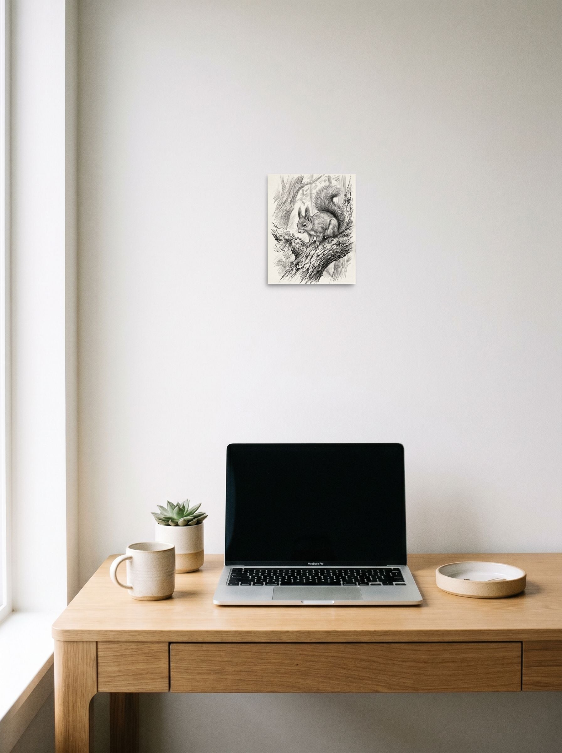 A 8x10 inch unframed paper Realism print of 'Squirrel and Acorns Sketch' hanging above a worktable with a laptop.