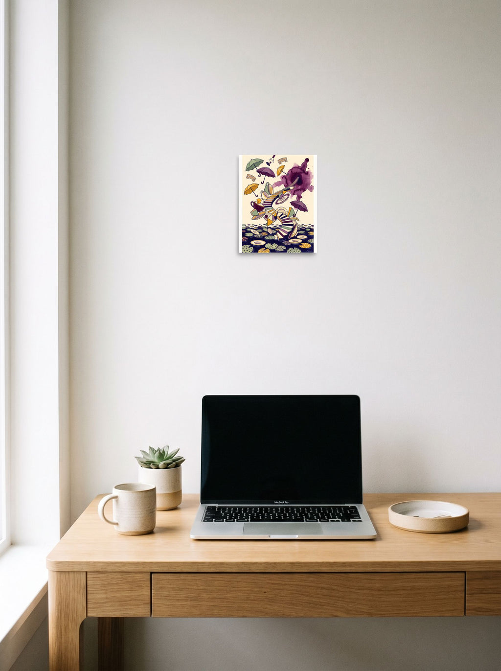 Surrealism wall art 'Tea Time Portal', unframed paper at 8x10 inch, hanging above a worktable with a laptop.