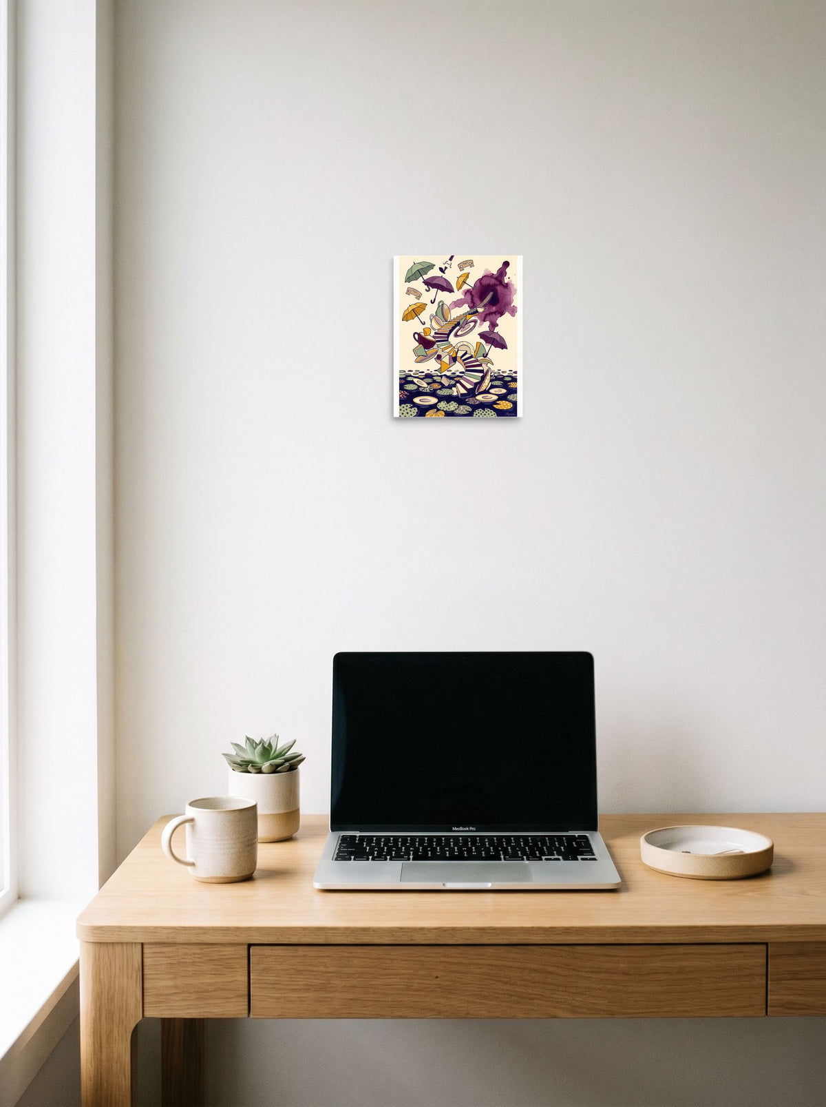 Surrealism wall art 'Tea Time Portal', unframed paper at 8x10 inch, hanging above a worktable with a laptop.