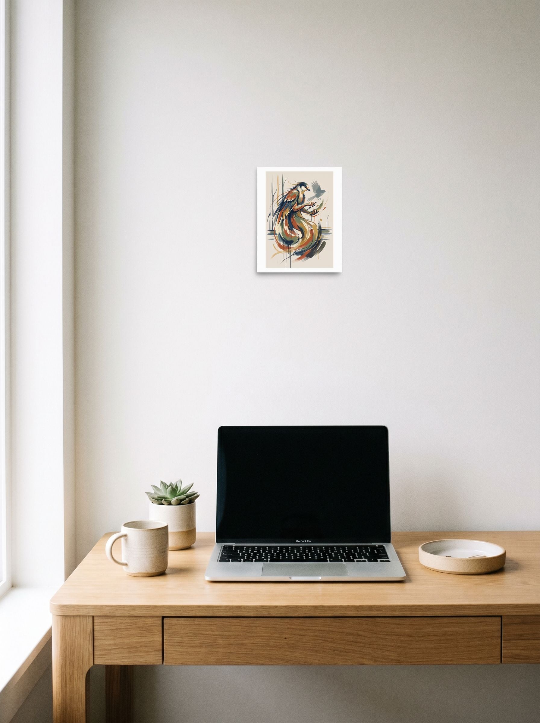 'Song of the Gamayun' styled above a home-office workspace, printed as unframed paper at 8x10 inch.