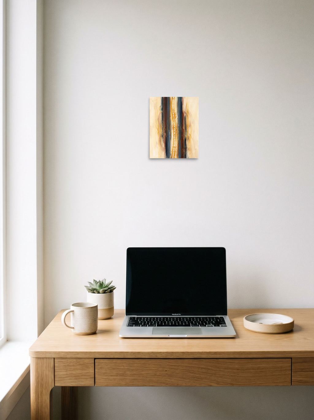 The Abstract art print 'Ascension in C Minor', 8x10 inch unframed paper, displayed over a compact desk setup.