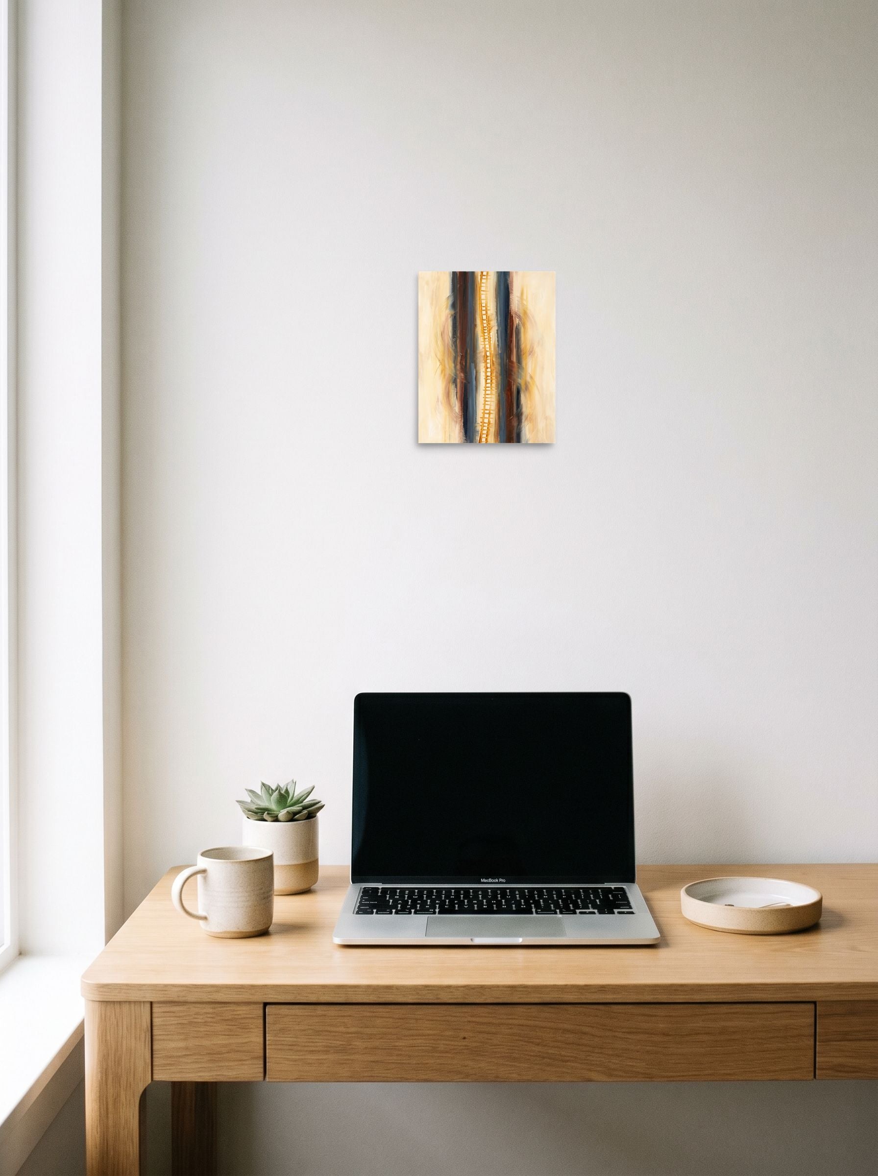 The Abstract art print 'Ascension in C Minor', 8x10 inch unframed paper, displayed over a compact desk setup.