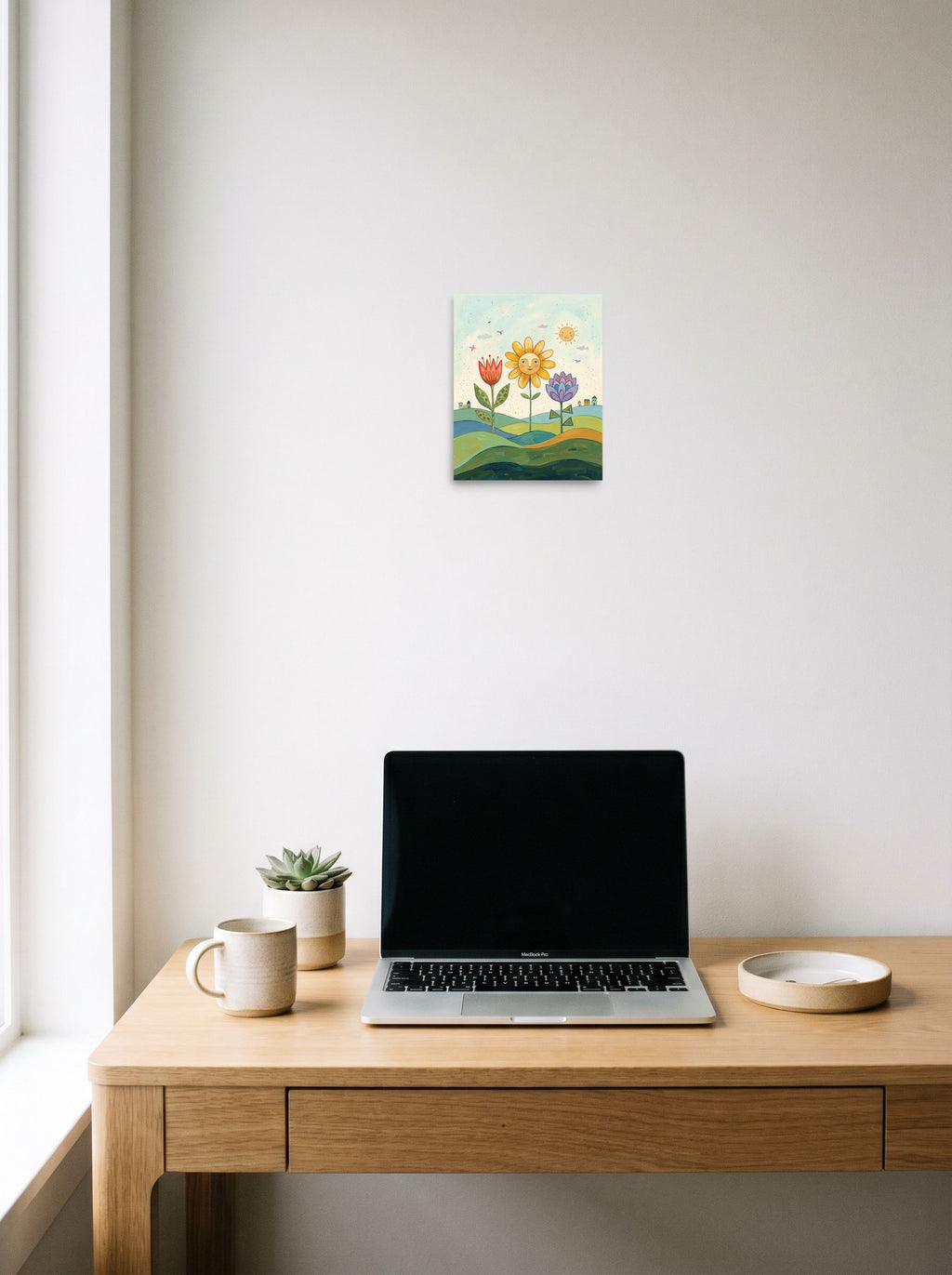 A 8x10 inch unframed paper Naive art print of 'Smiling Flowers In The Sun' hanging above a worktable with a laptop.