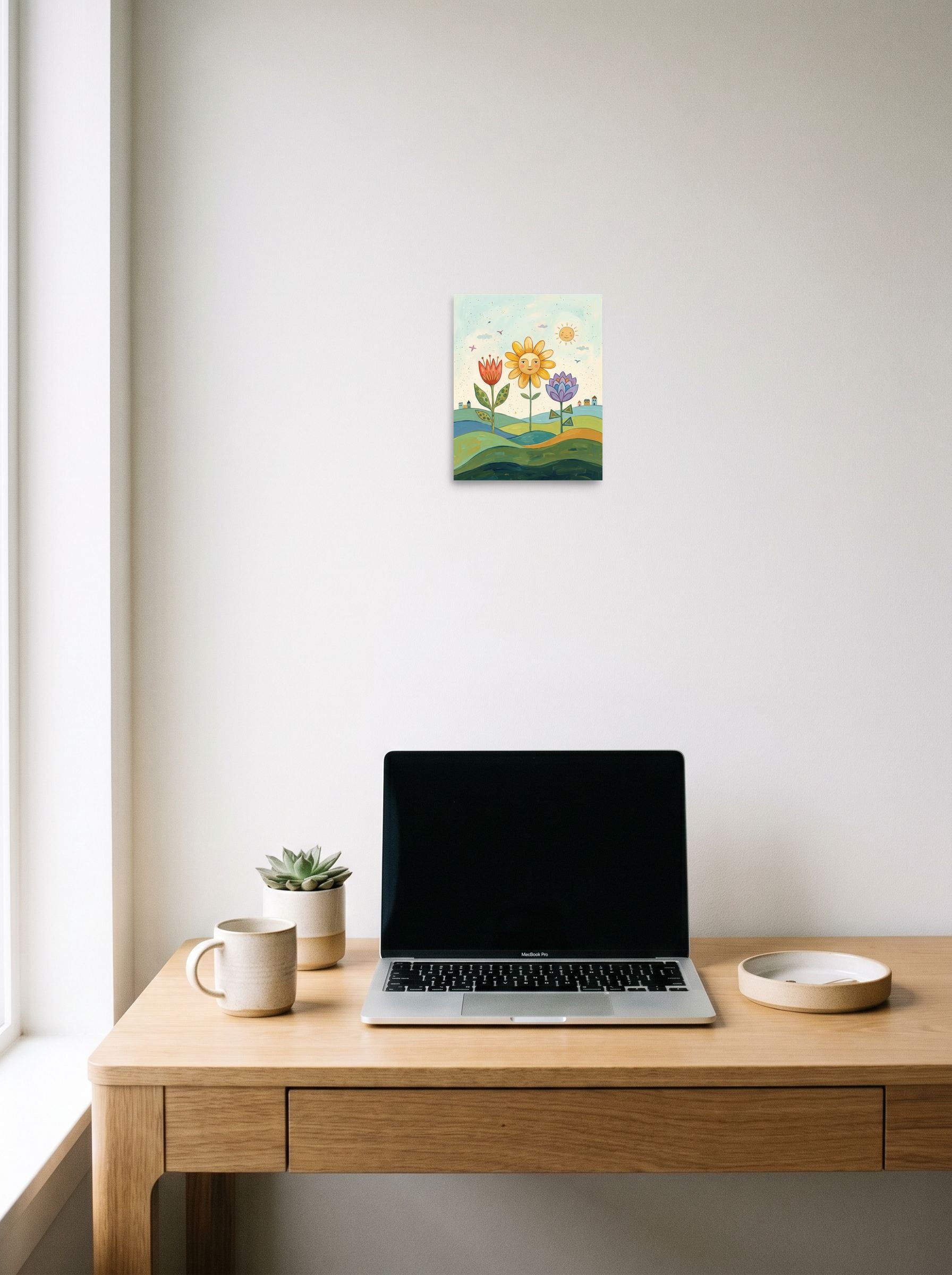 A 8x10 inch unframed paper Naive art print of 'Smiling Flowers In The Sun' hanging above a worktable with a laptop.