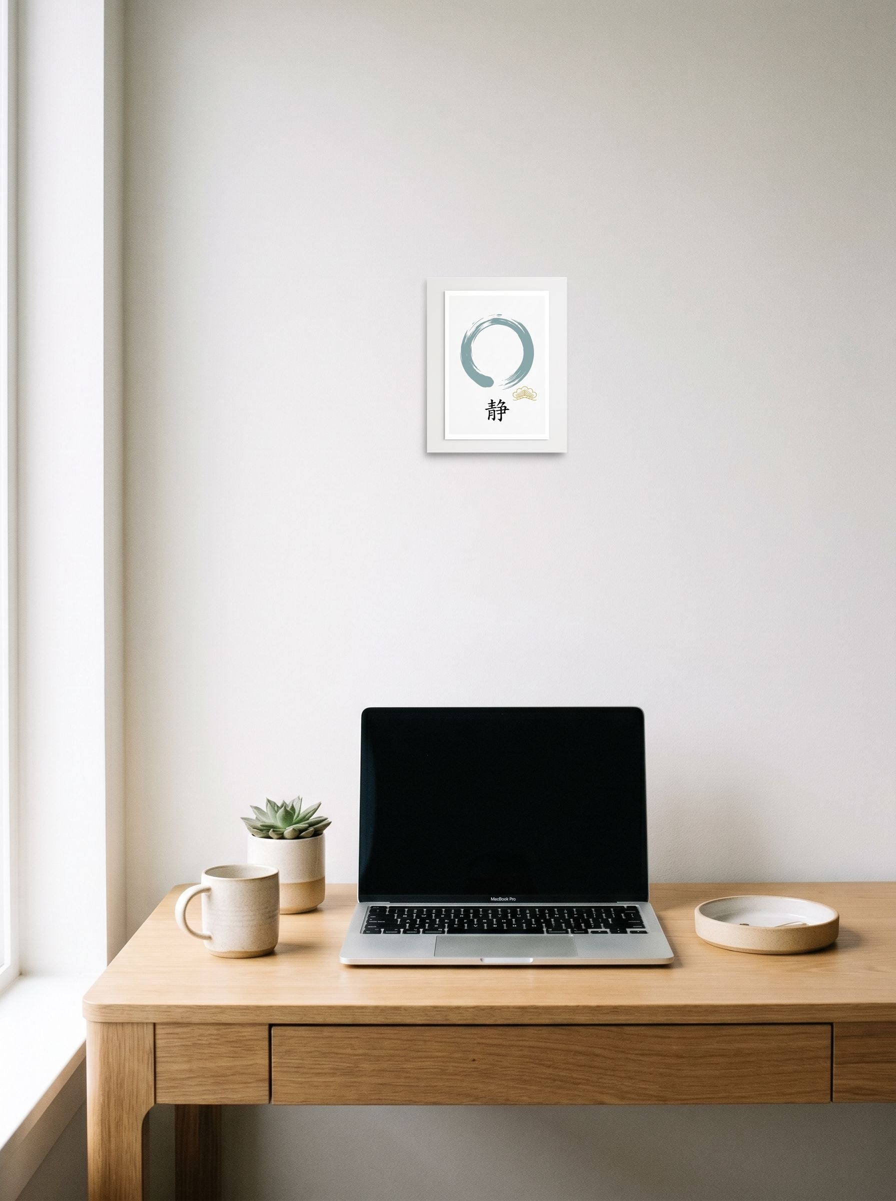 'Circle of Stillness' in 8x10 inch unframed paper, displayed over a compact desk setup.