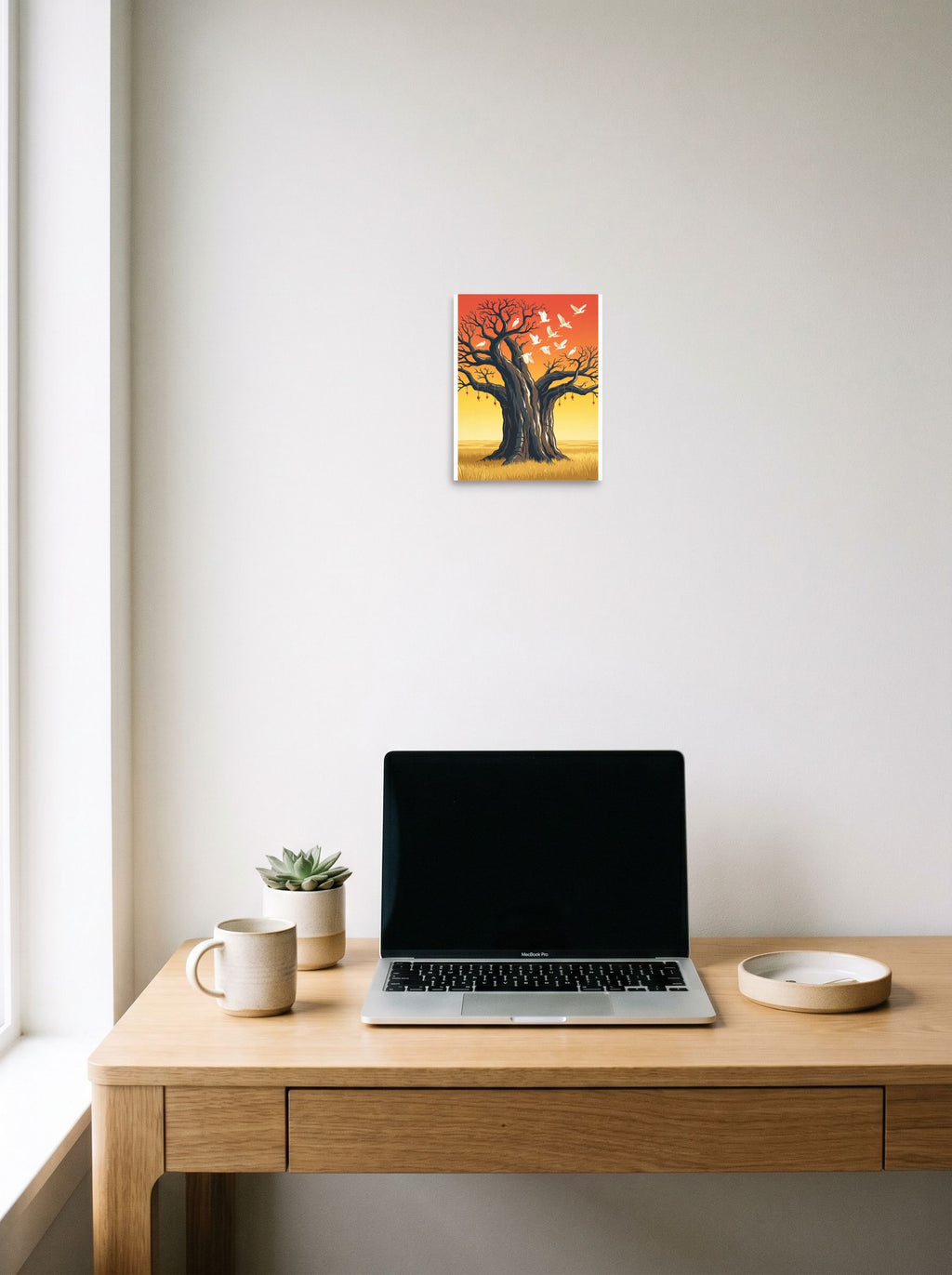 The unframed paper print 'The Sacred Roost' hanging above a worktable with a laptop, shown at 8x10 inch.