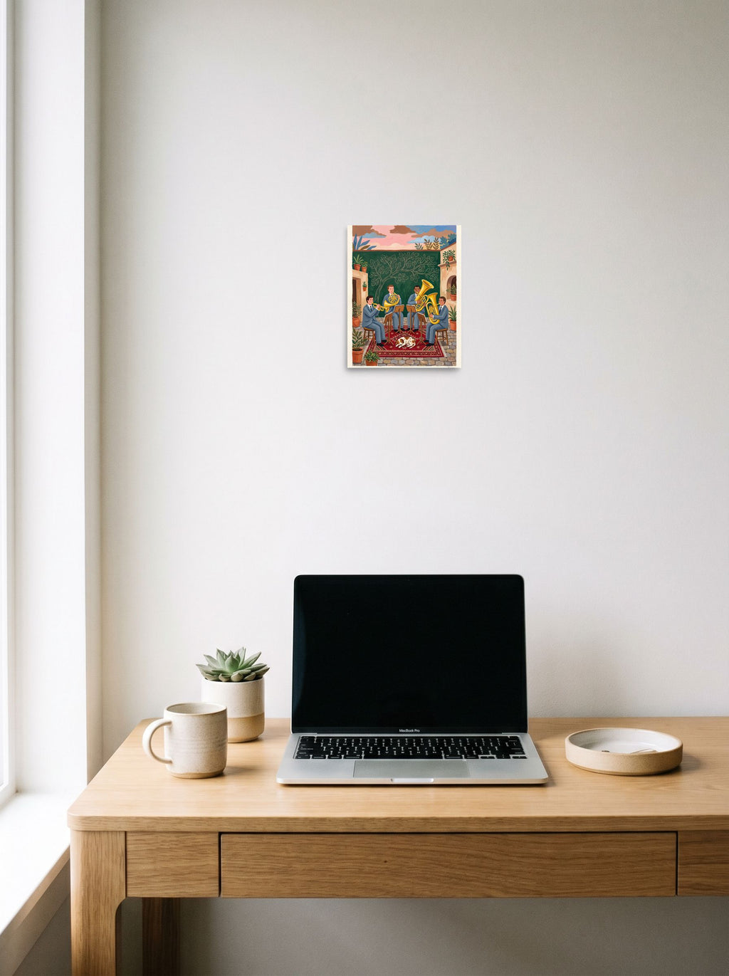 Folk art wall art 'Courtyard Serenade', unframed paper at 8x10 inch, displayed over a compact desk setup.