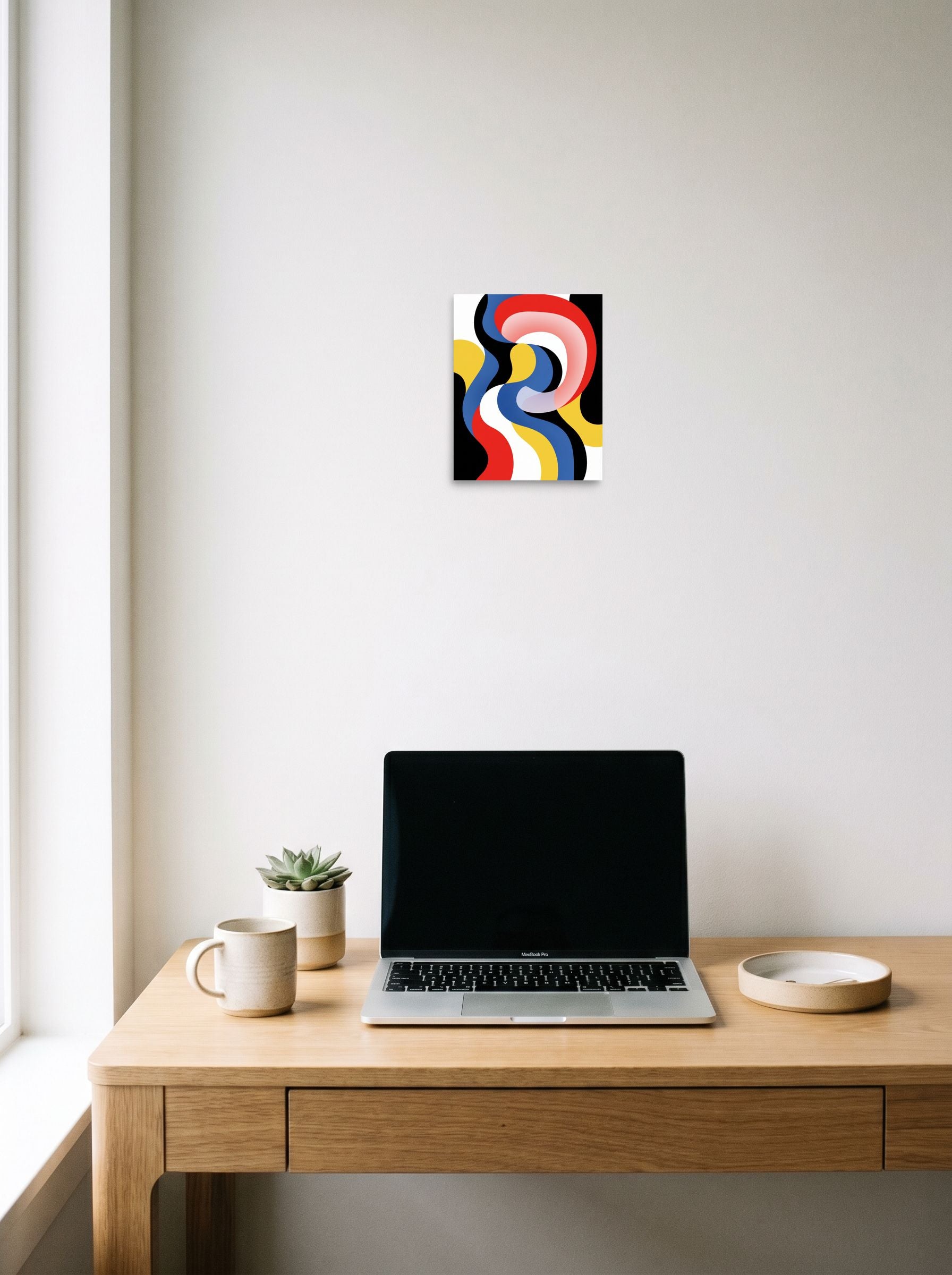 A 8x10 inch unframed paper Op Art print of 'Chromatic Flow' hanging above a worktable with a laptop.