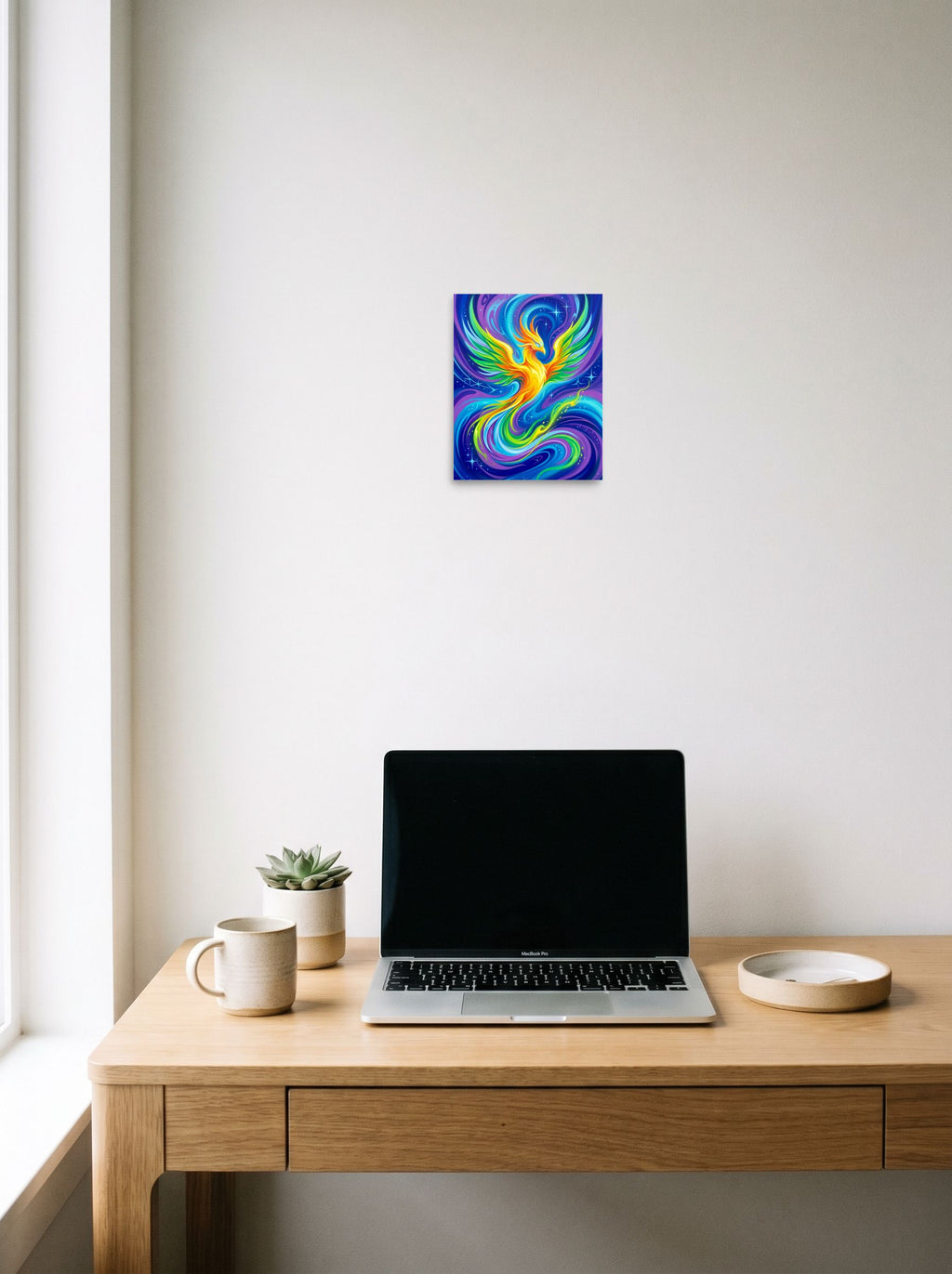 A 8x10 inch unframed paper Psychedelic art print of 'Neon Phoenix' hanging above a worktable with a laptop.
