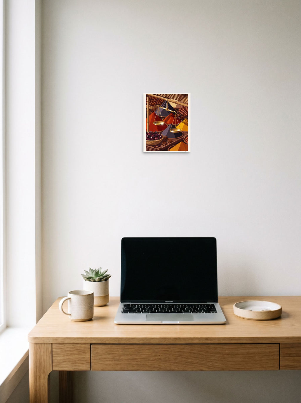 The Art Deco print 'Spice Merchant's Balance', 8x10 inch unframed paper, styled above a home-office workspace.