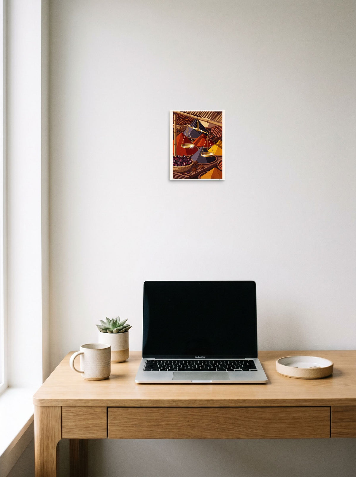 The Art Deco print 'Spice Merchant's Balance', 8x10 inch unframed paper, styled above a home-office workspace.
