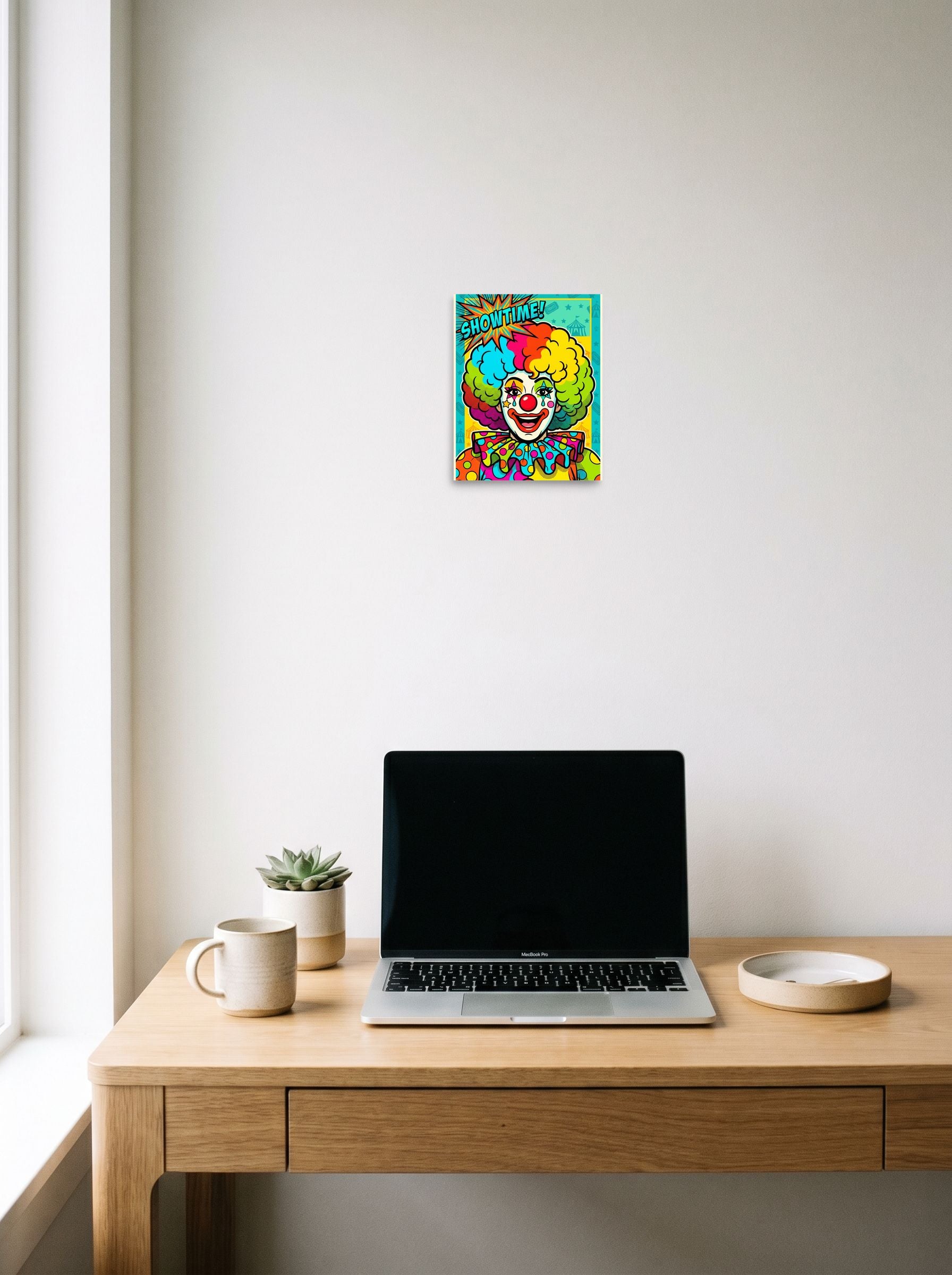 A 8x10 inch unframed paper Pop art print of 'Showtime Pop Clown' hanging above a worktable with a laptop.