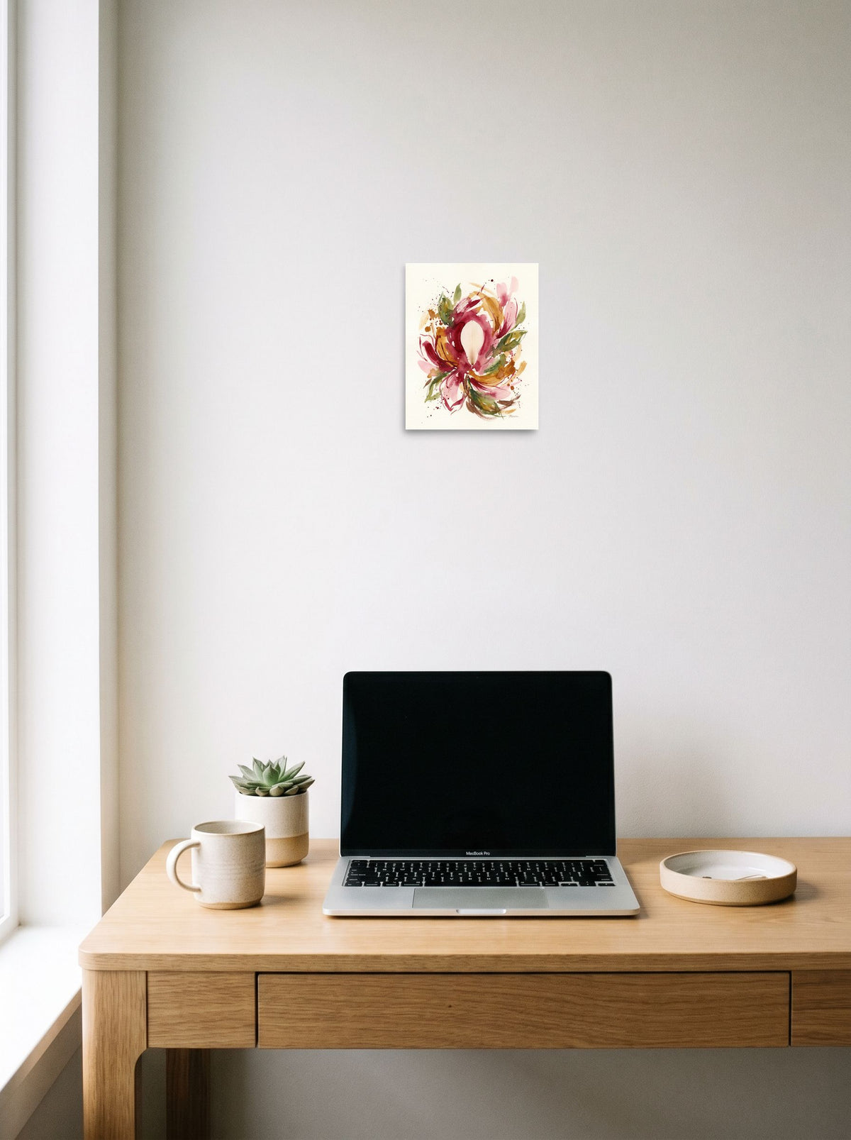 Abstract art wall art 'Petal Symphony', unframed paper at 8x10 inch, styled above a home-office workspace.