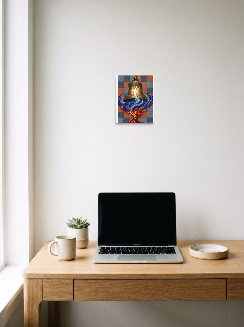 'Resonance of the Fractured Bell' in 8x10 inch unframed paper, displayed over a compact desk setup.