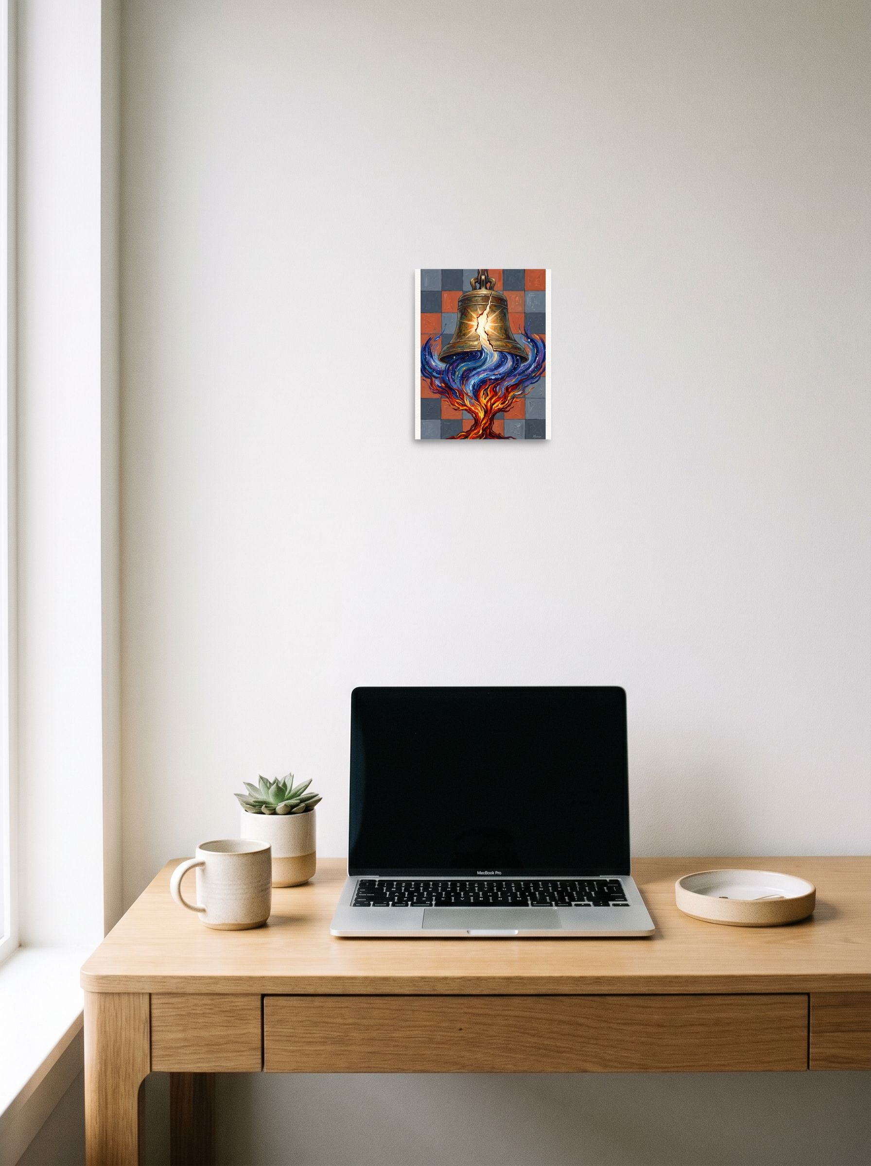'Resonance of the Fractured Bell' in 8x10 inch unframed paper, displayed over a compact desk setup.
