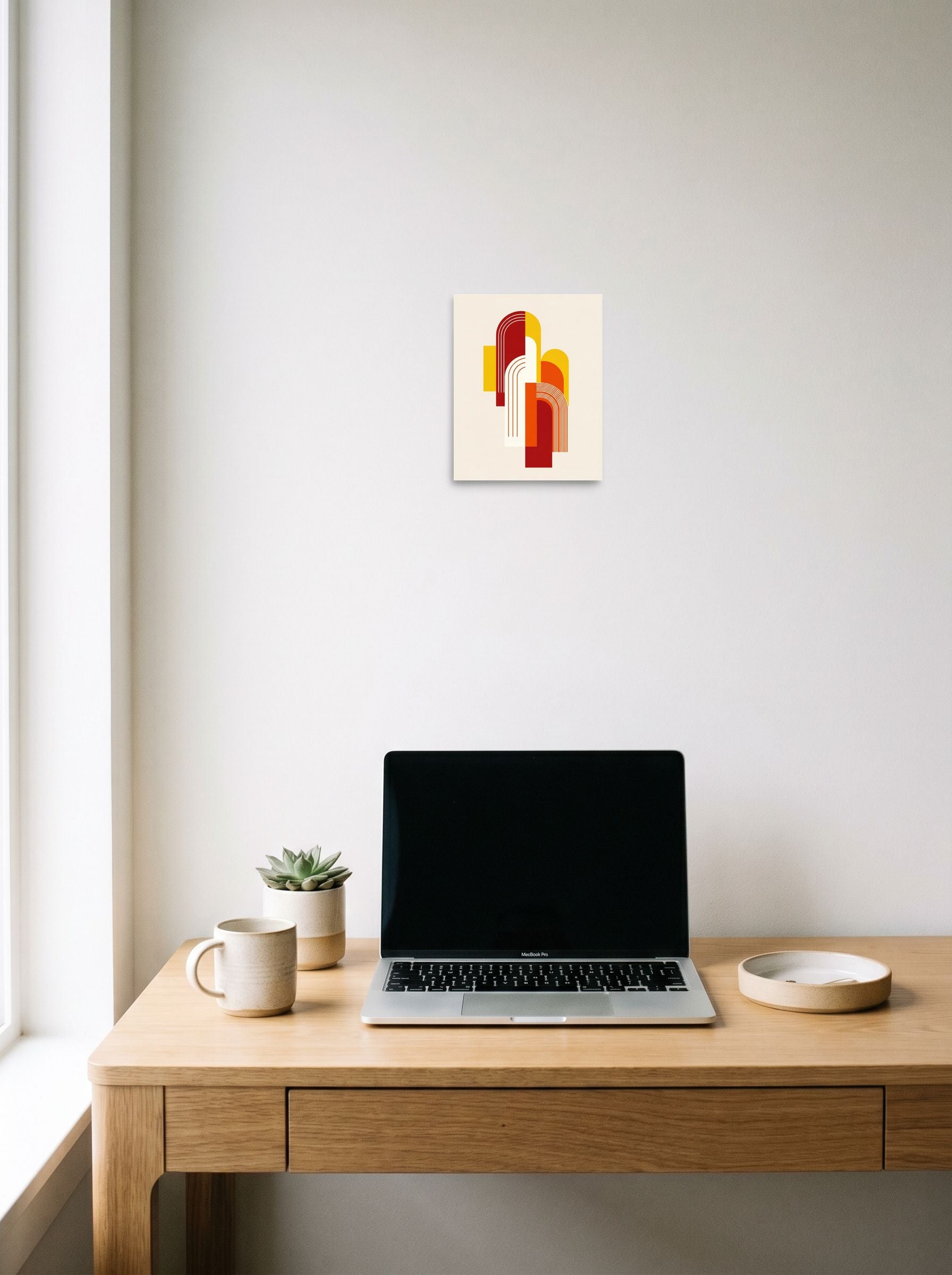 A 8x10 inch unframed paper Geometric abstract art print of 'Sunset Arches' hanging above a worktable with a laptop.